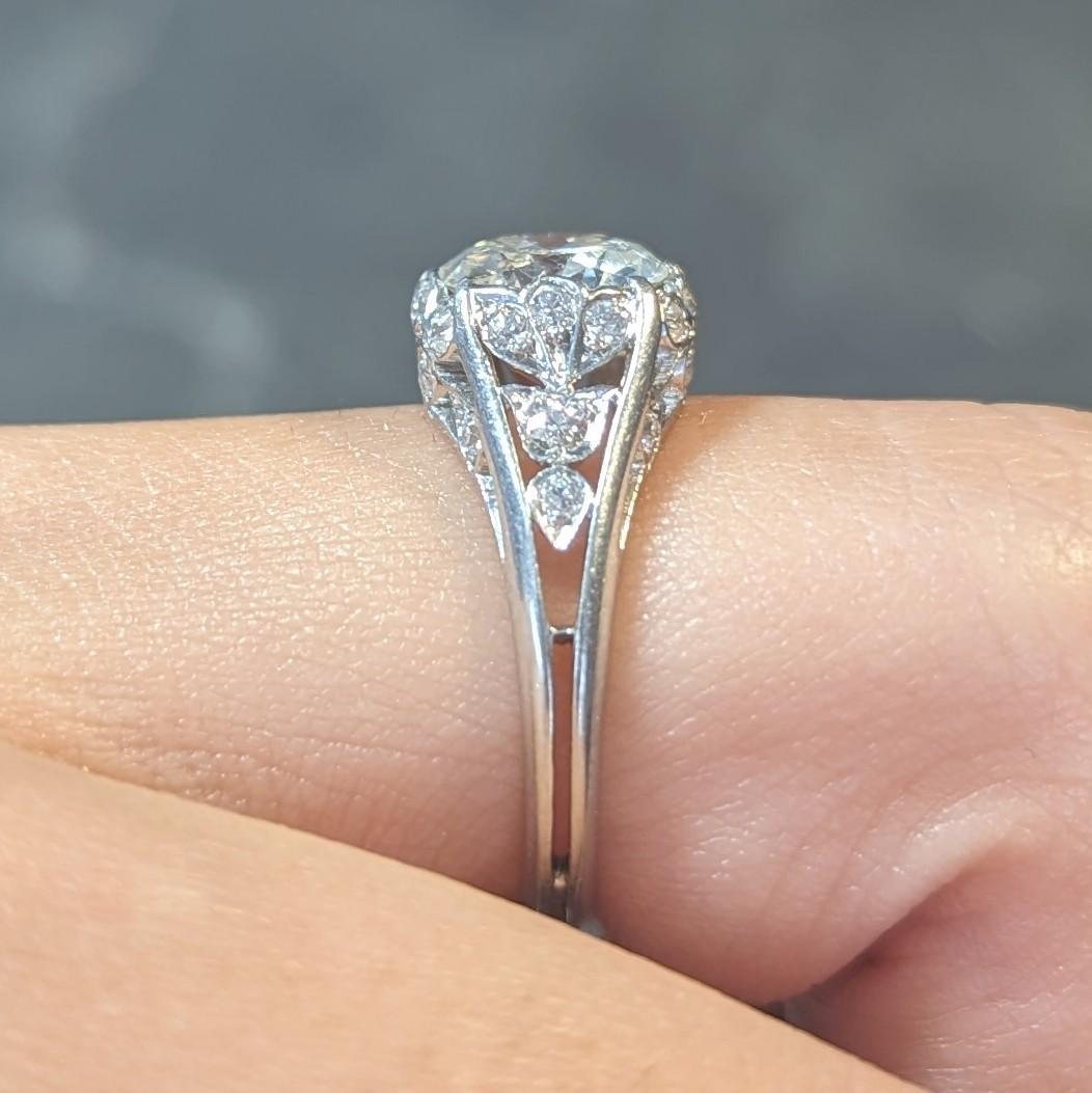 Art Deco 2.05 CTW Old European Cut Diamond Platinum Foliate Engagement Ring For Sale 8
