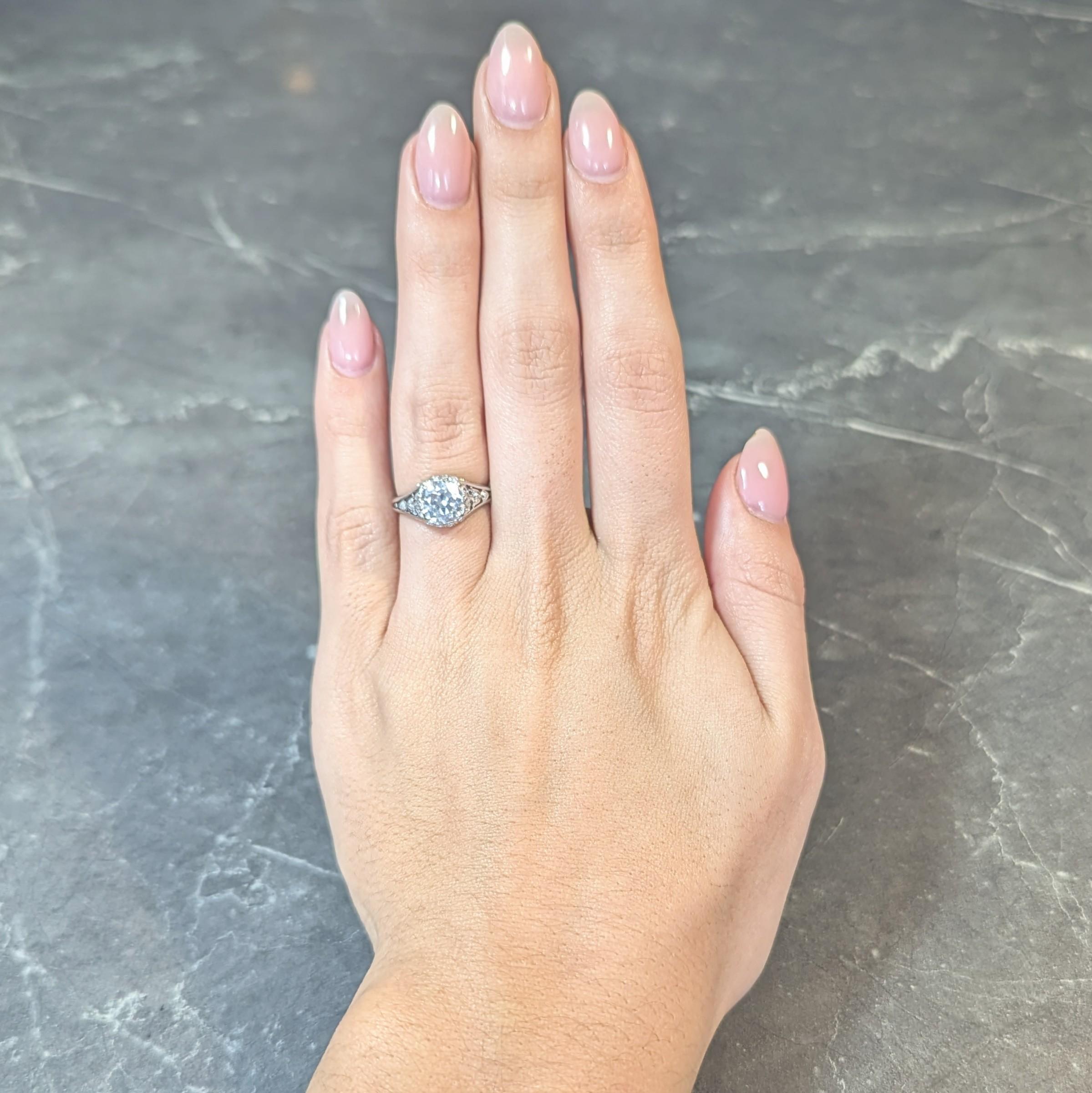 Art Deco 2.05 CTW Old European Cut Diamond Platinum Foliate Engagement Ring For Sale 10