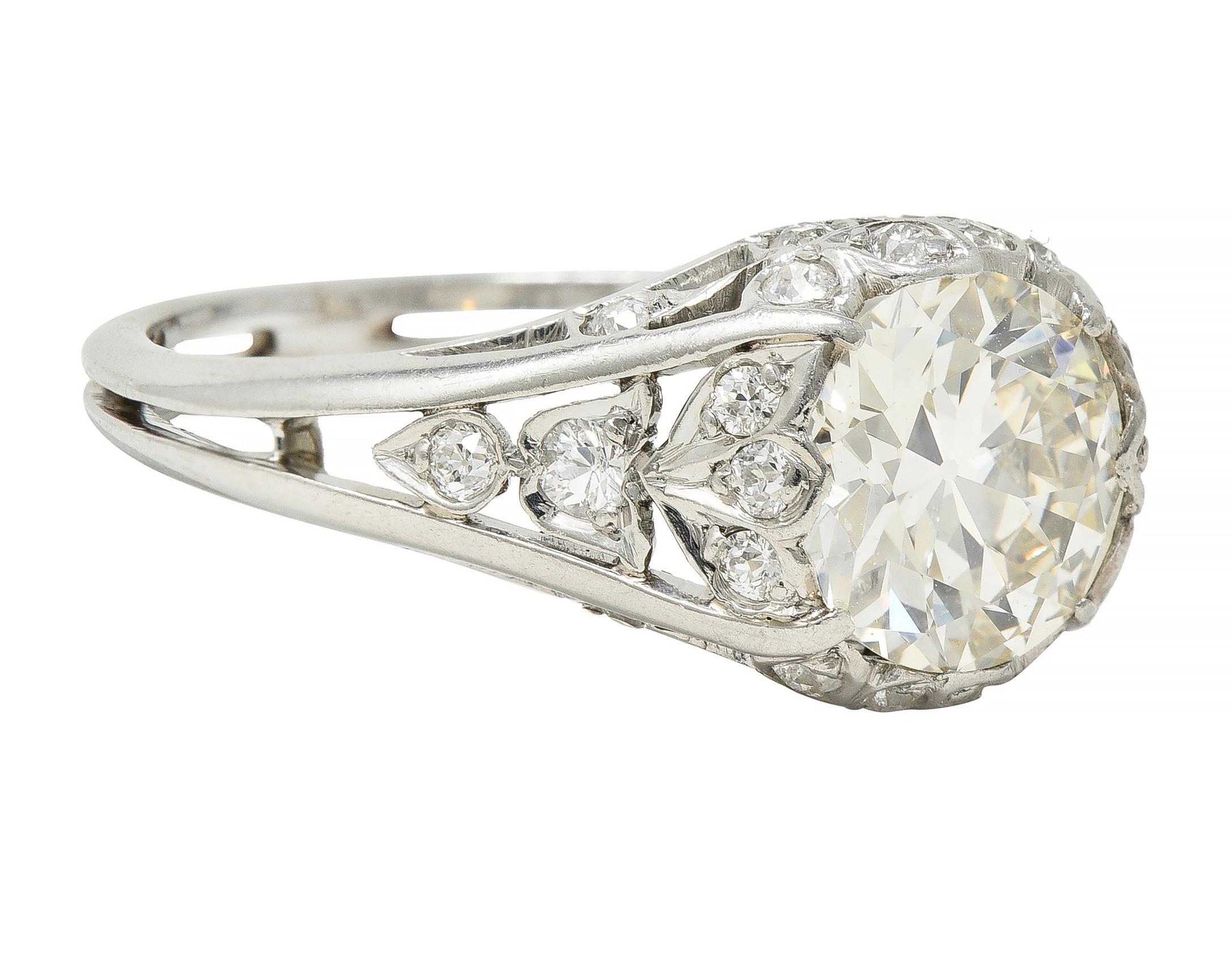 Art Deco 2.05 CTW Old European Cut Diamond Platinum Foliate Engagement Ring In Excellent Condition For Sale In Philadelphia, PA