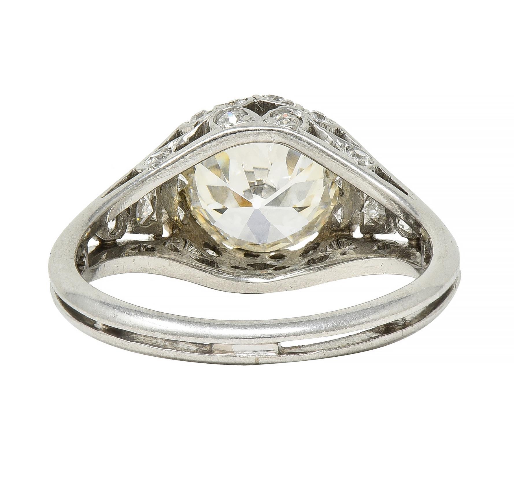 Art Deco 2.05 CTW Old European Cut Diamond Platinum Foliate Engagement Ring For Sale 1