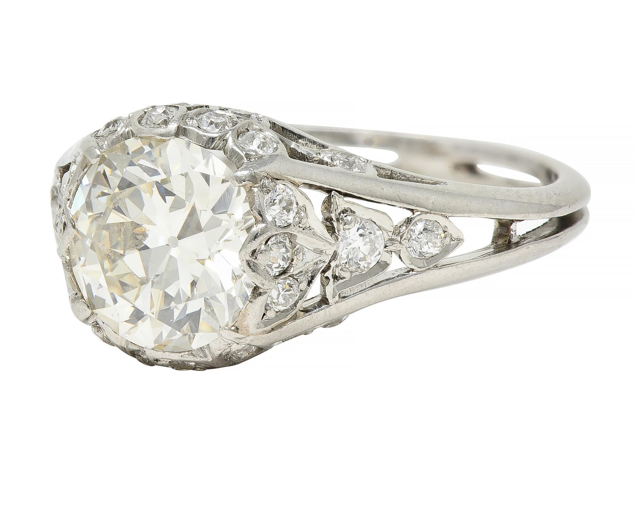 Art Deco 2.05 CTW Old European Cut Diamond Platinum Foliate Engagement Ring For Sale 3