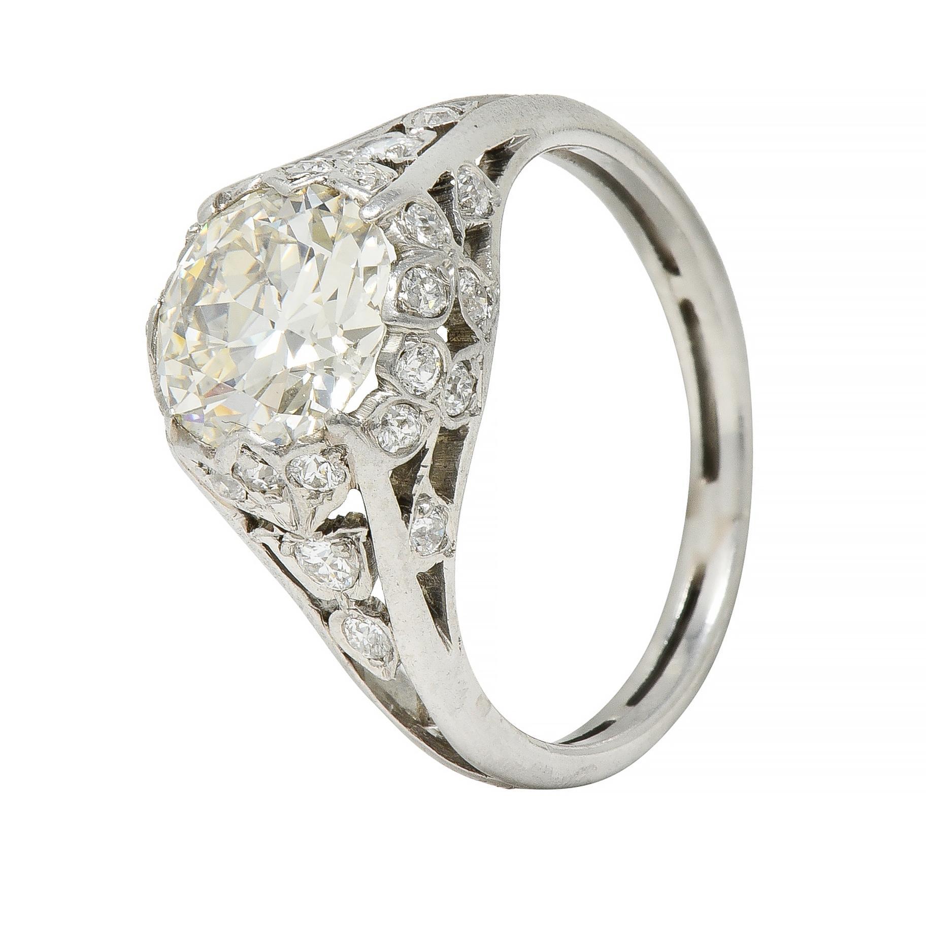 Art Deco 2.05 CTW Old European Cut Diamond Platinum Foliate Engagement Ring For Sale 4