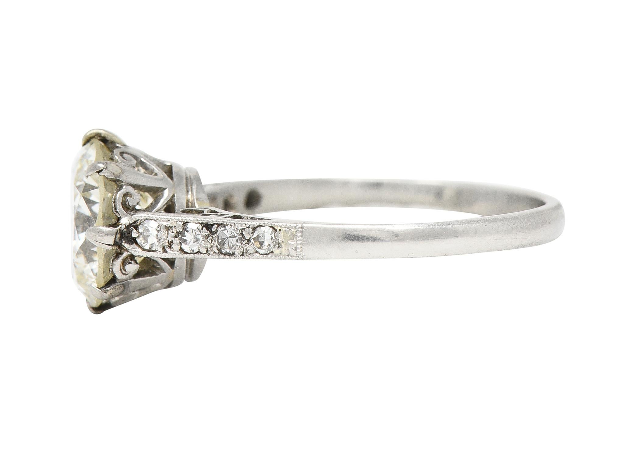 Art Deco 2.05 CTW Old European Diamond Platinum Crown Vintage Engagement Ring In Excellent Condition For Sale In Philadelphia, PA