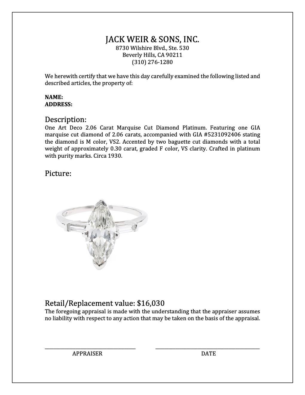 Platin mit 2,06 Karat Diamant im Marquise-Schliff im Art déco-Stil 2