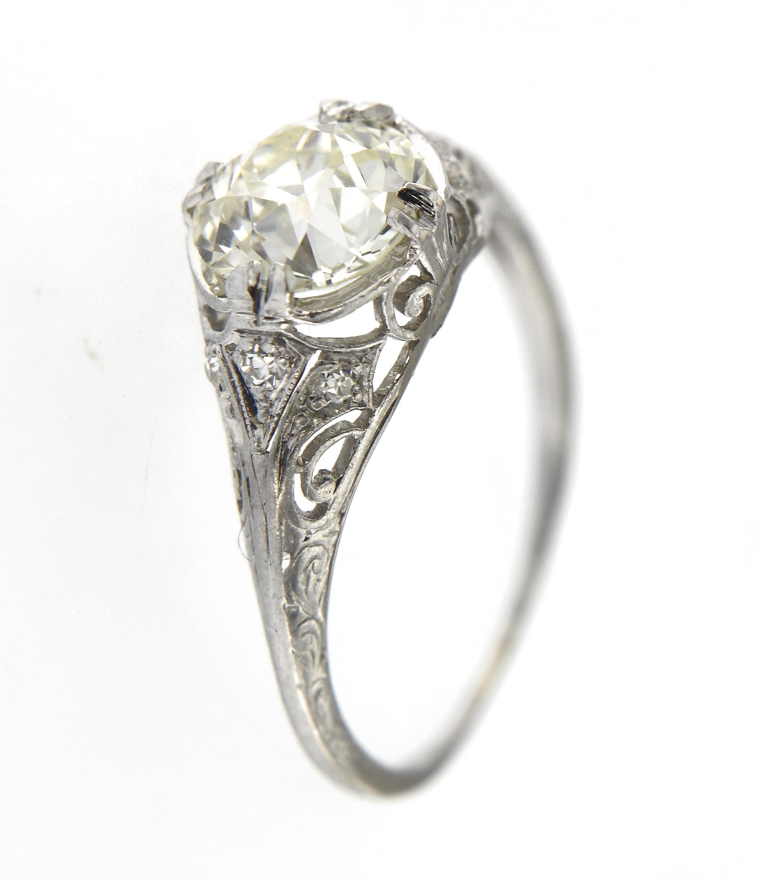 Art Deco 2.06 Carat Old European Cut Certified Diamond Platinum Engagement Ring In Excellent Condition In Miami, FL