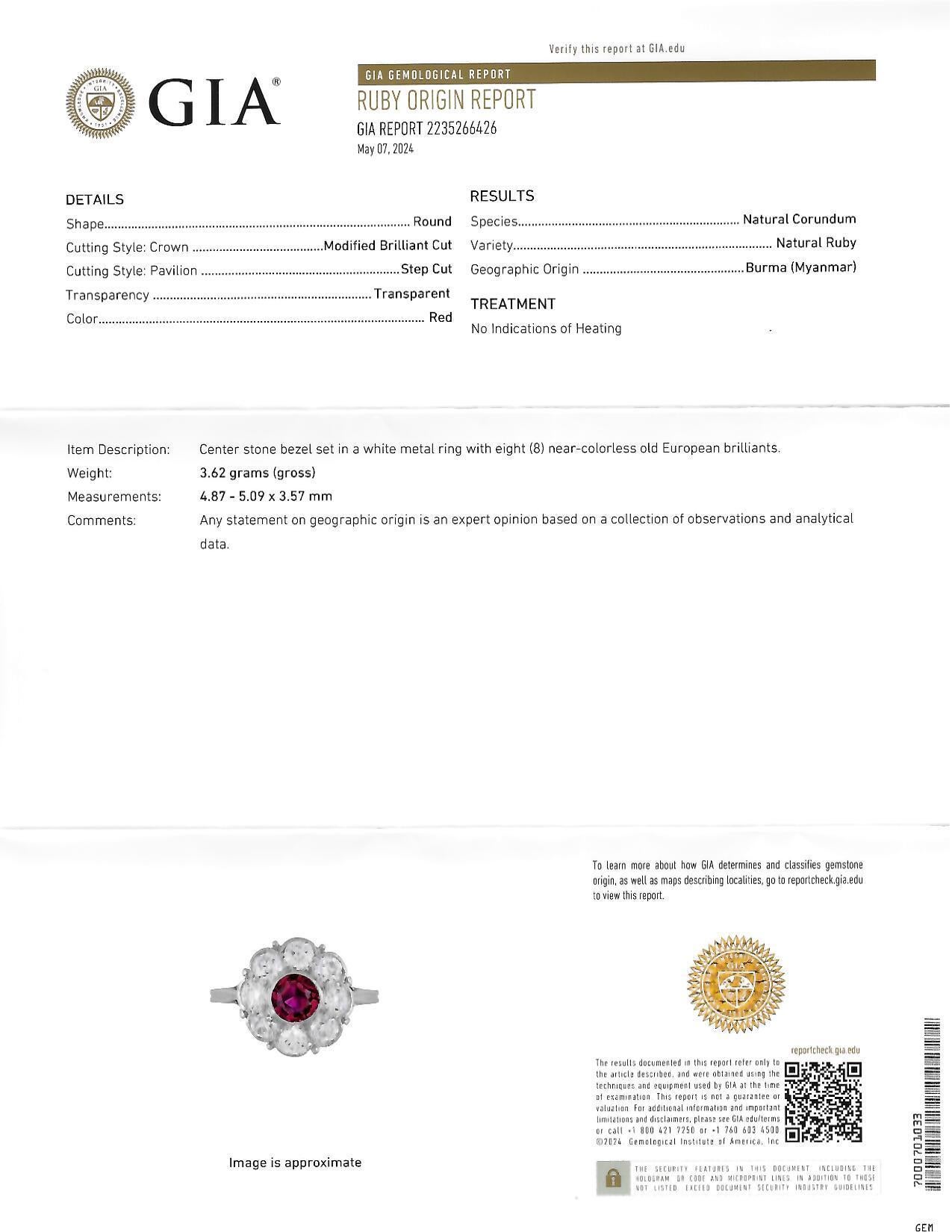 Art Deco 2.06 CTW No Heat Burma Ruby Diamond Platinum Vintage Halo Ring GIA For Sale 7