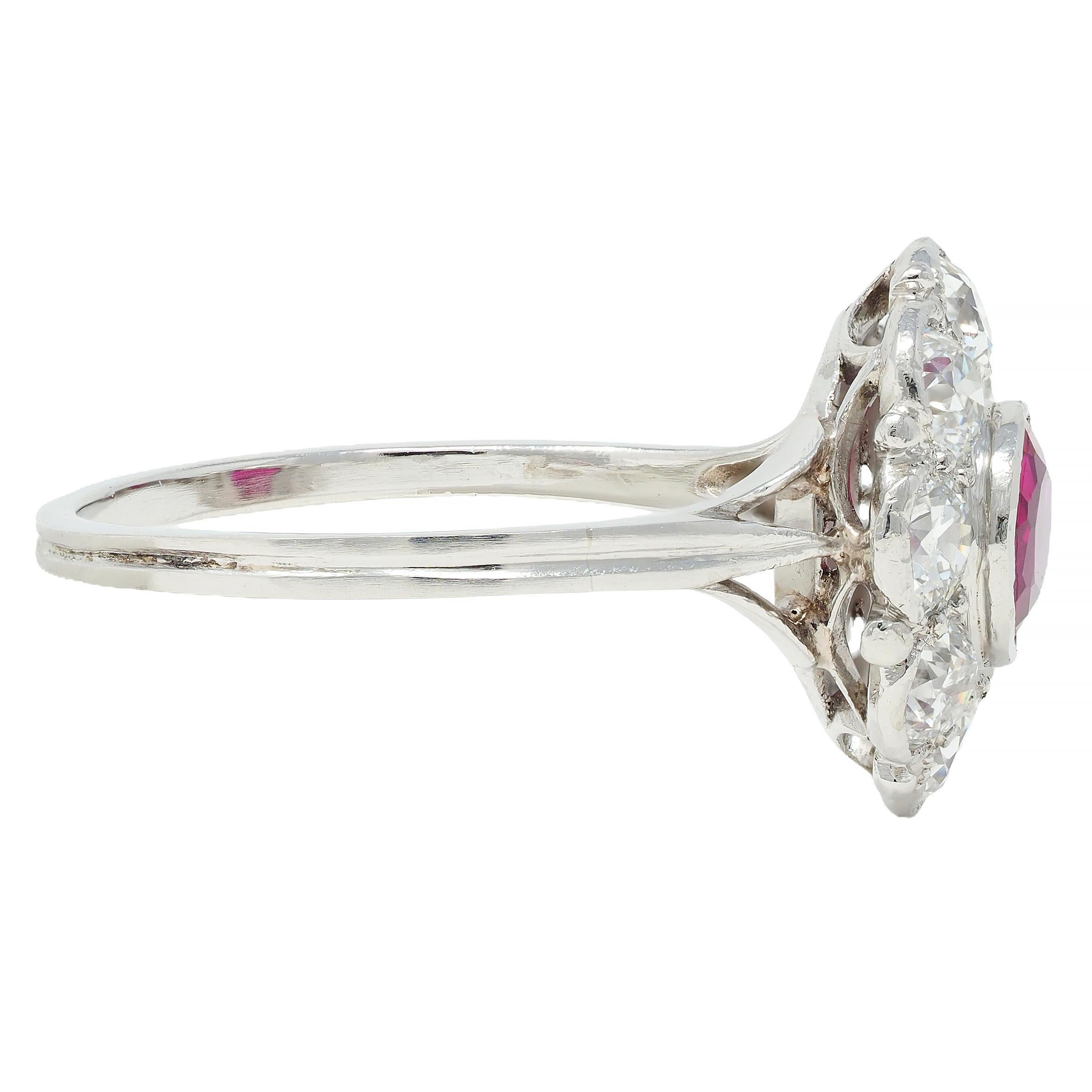 Art Deco 2.06 CTW No Heat Burma Ruby Diamond Platinum Vintage Halo Ring GIA In Excellent Condition For Sale In Philadelphia, PA