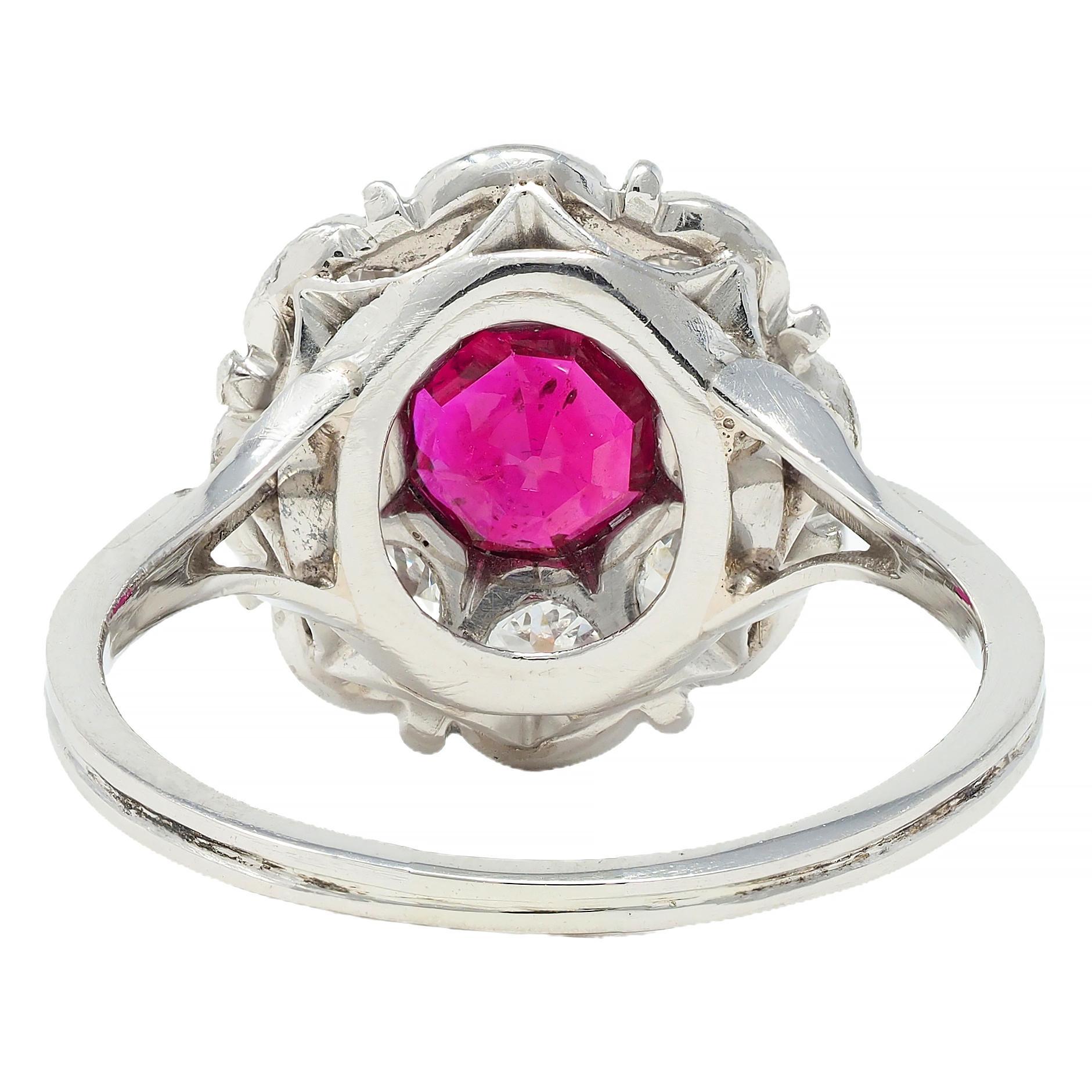 Women's or Men's Art Deco 2.06 CTW No Heat Burma Ruby Diamond Platinum Vintage Halo Ring GIA For Sale