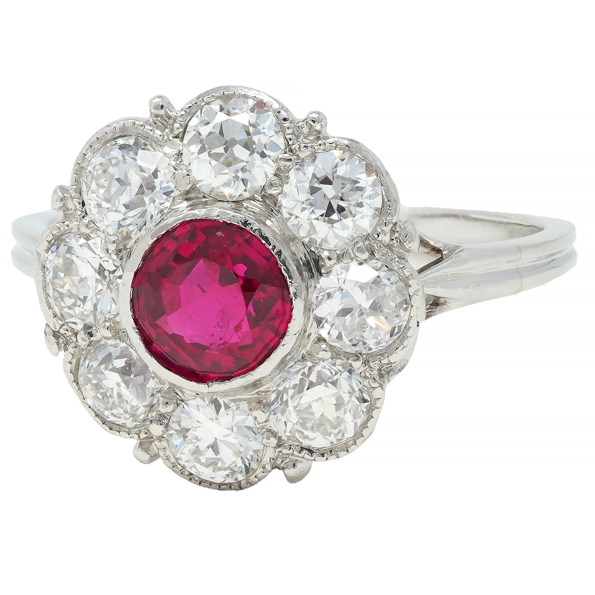 Art Deco 2.06 CTW No Heat Burma Ruby Diamond Platinum Vintage Halo Ring GIA For Sale 2