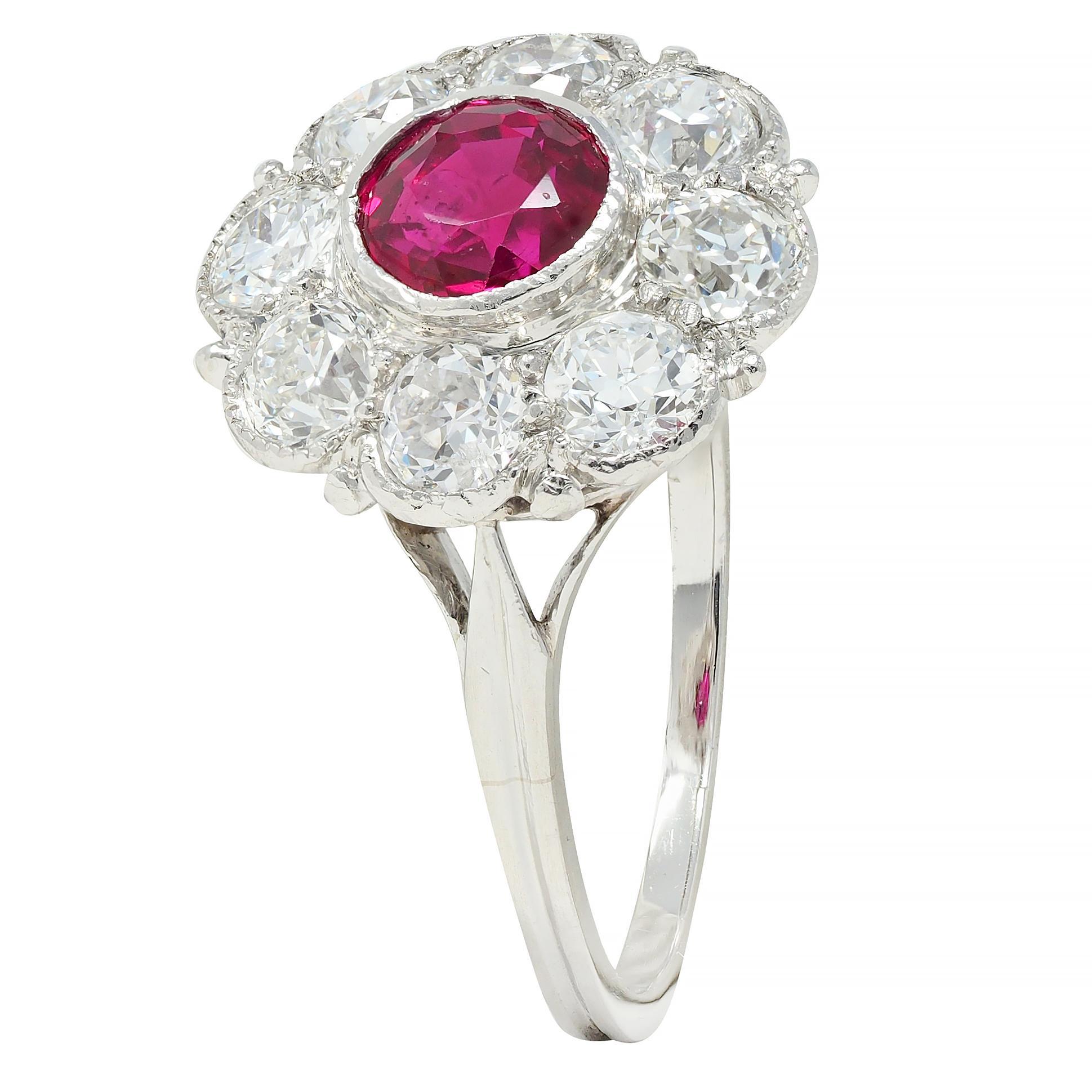 Art Deco 2.06 CTW No Heat Burma Ruby Diamond Platinum Vintage Halo Ring GIA For Sale 3