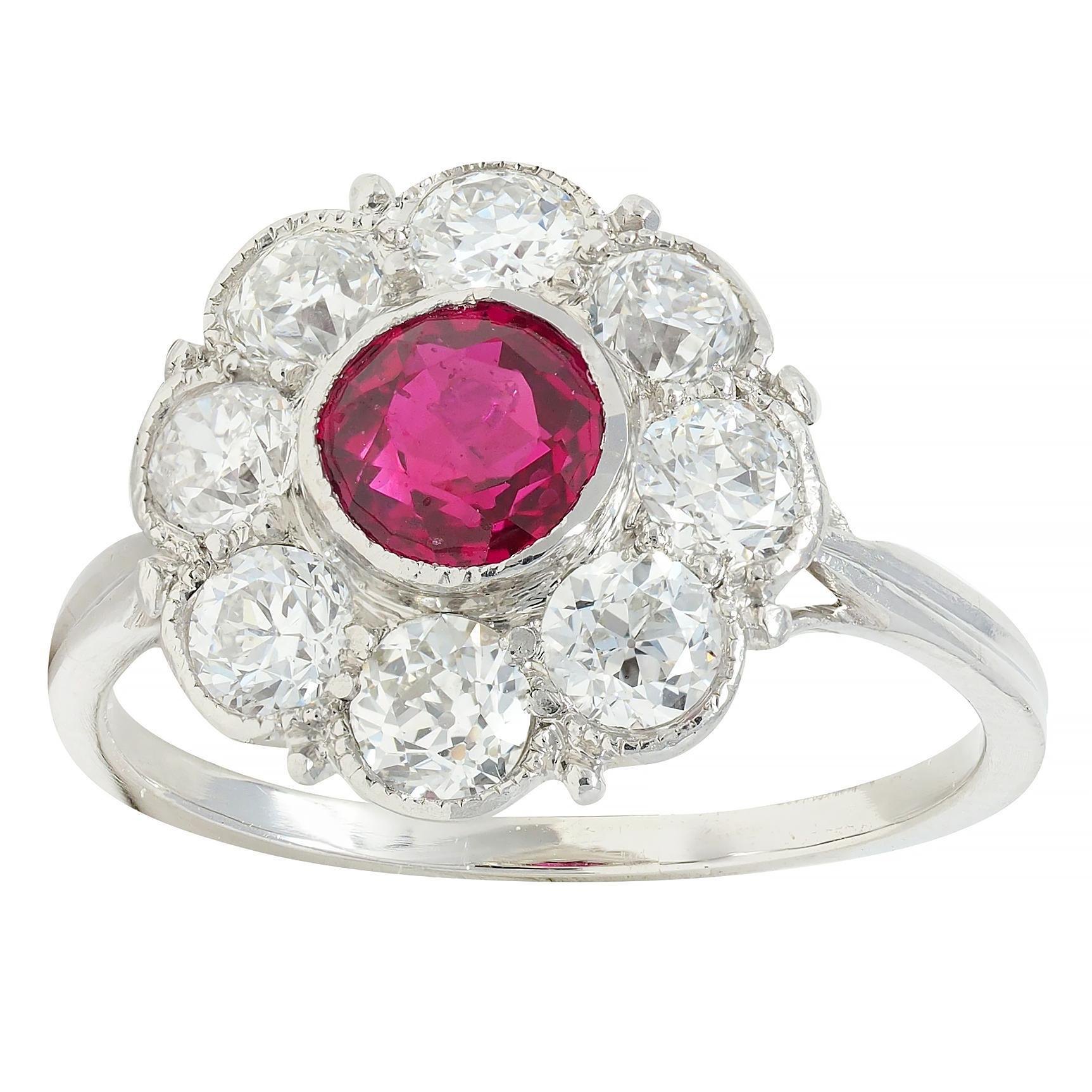Art Deco 2.06 CTW No Heat Burma Ruby Diamond Platinum Vintage Halo Ring GIA For Sale 4