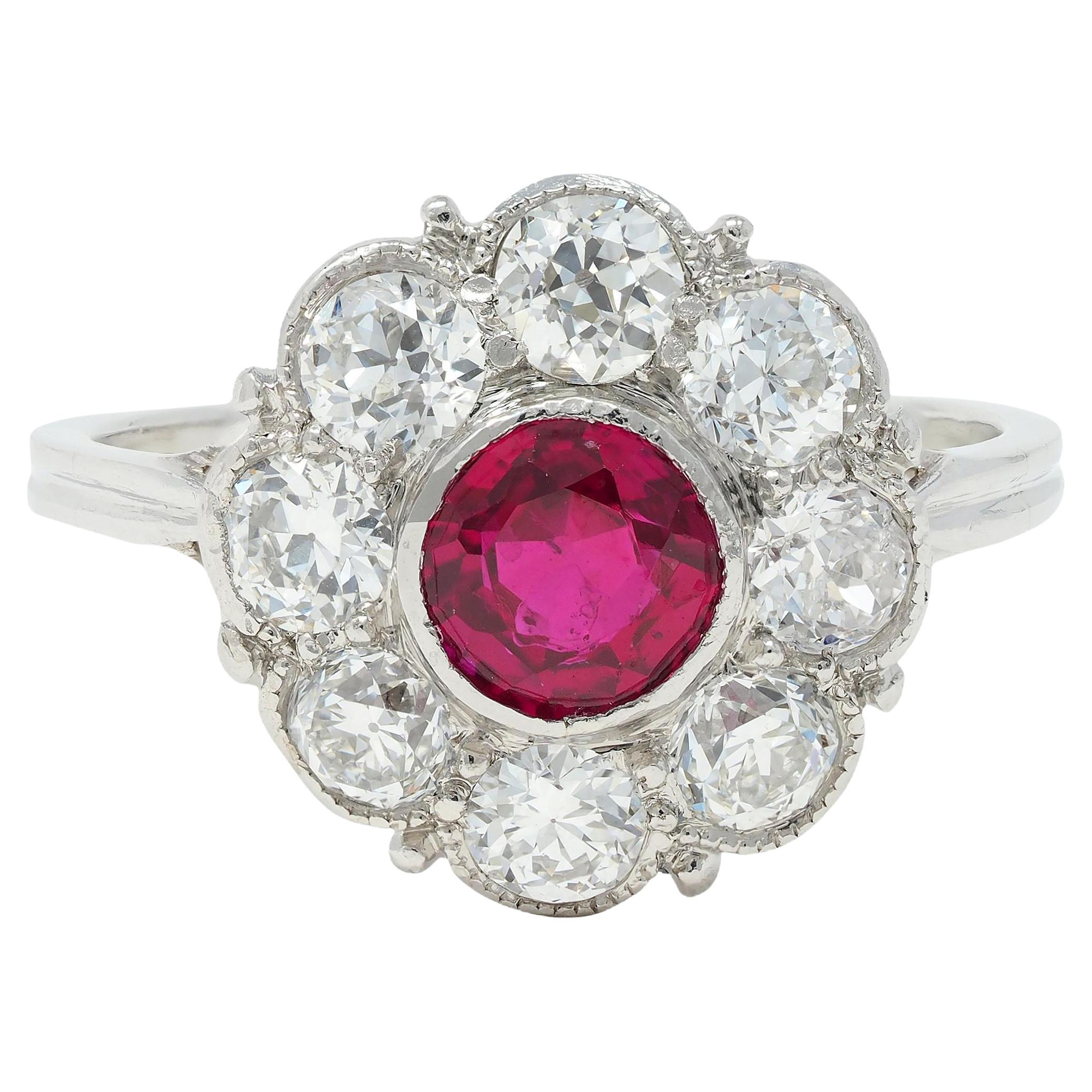 Art Deco 2.06 CTW No Heat Burma Ruby Diamond Platinum Vintage Halo Ring GIA