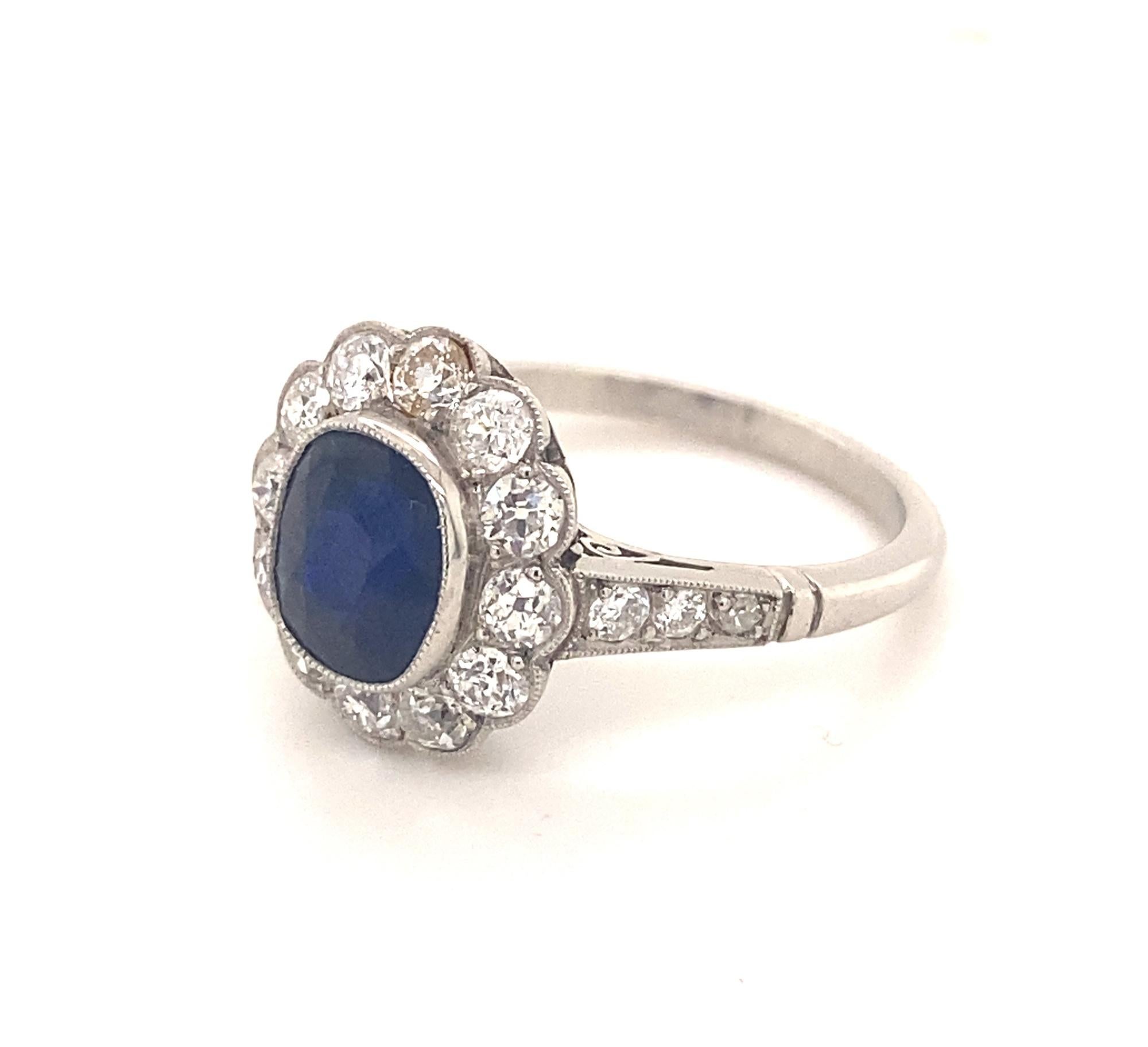 Oval Cut Art Deco Style 2.06 Sapphire Diamonds Platinum Ring For Sale