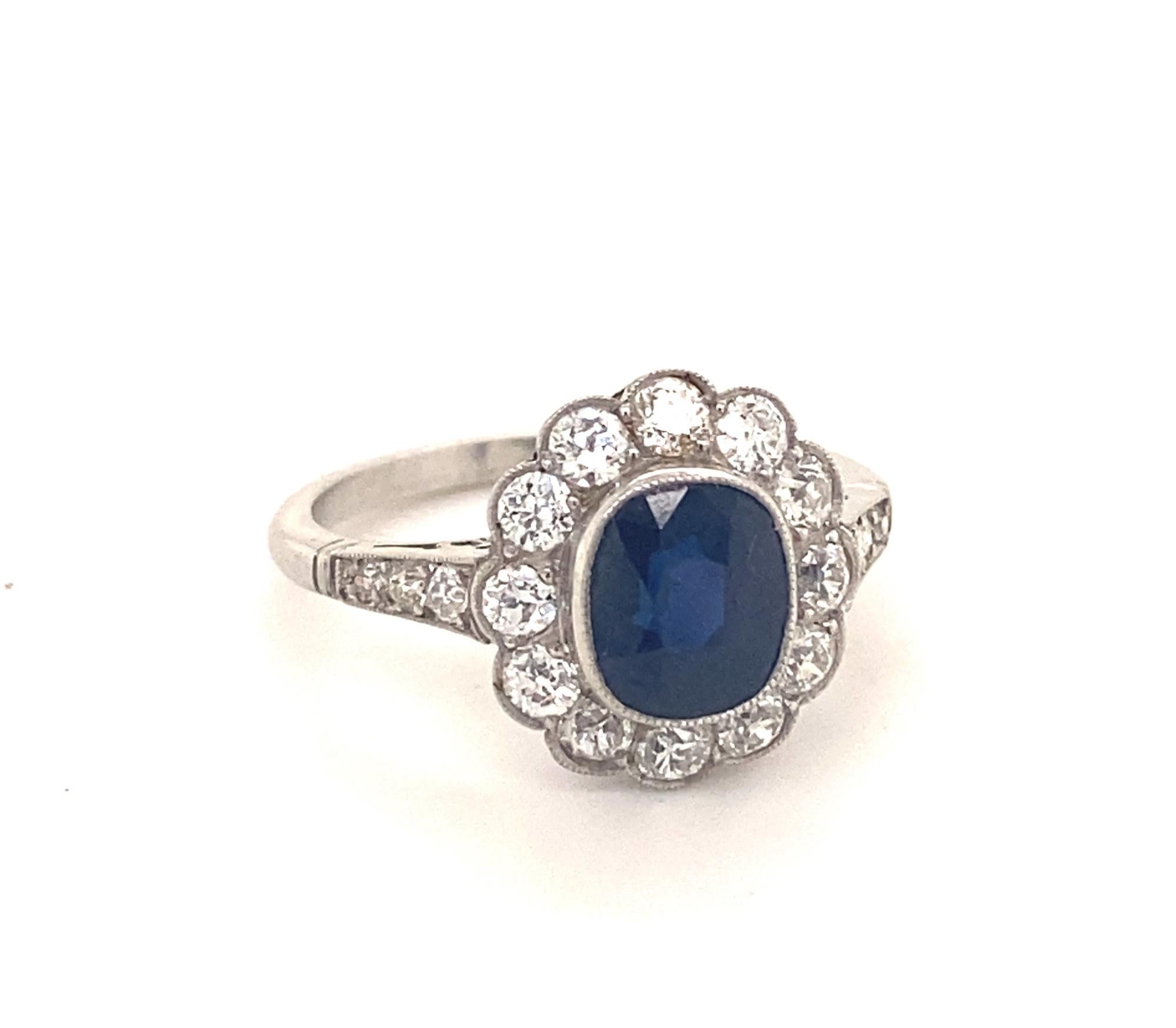 Art Deco Style 2.06 Sapphire Diamonds Platinum Ring In Good Condition For Sale In Woodland Hills, CA