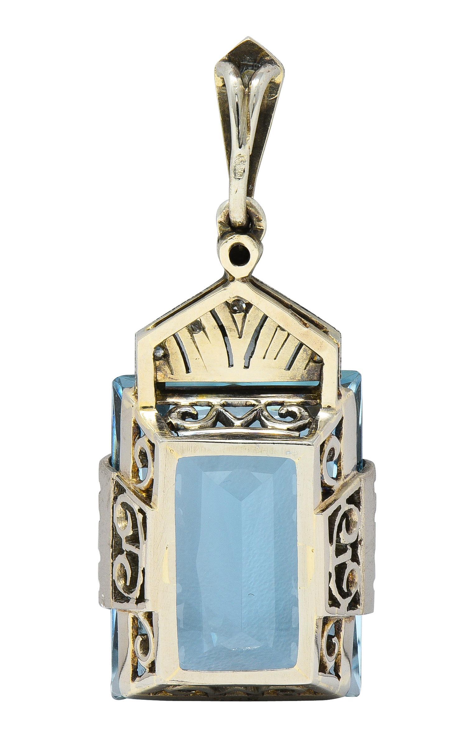 Old European Cut Art Deco 20.62 CTW Aquamarine Diamond Platinum 18 Karat Gold Vintage Pendant For Sale