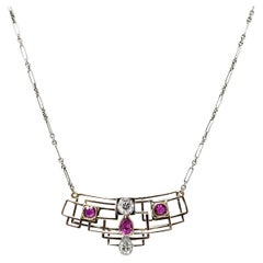 Art Deco 2.07 Carats Ruby Diamond 18 Karat Two-Tone Gold Geometric Station Neckl