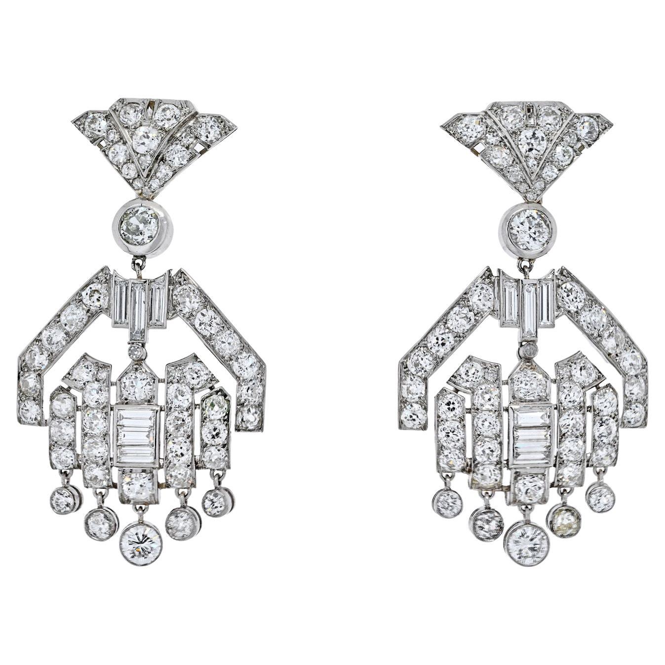Art Deco 20cttw Platinum Diamond Dangling Drop Earrings