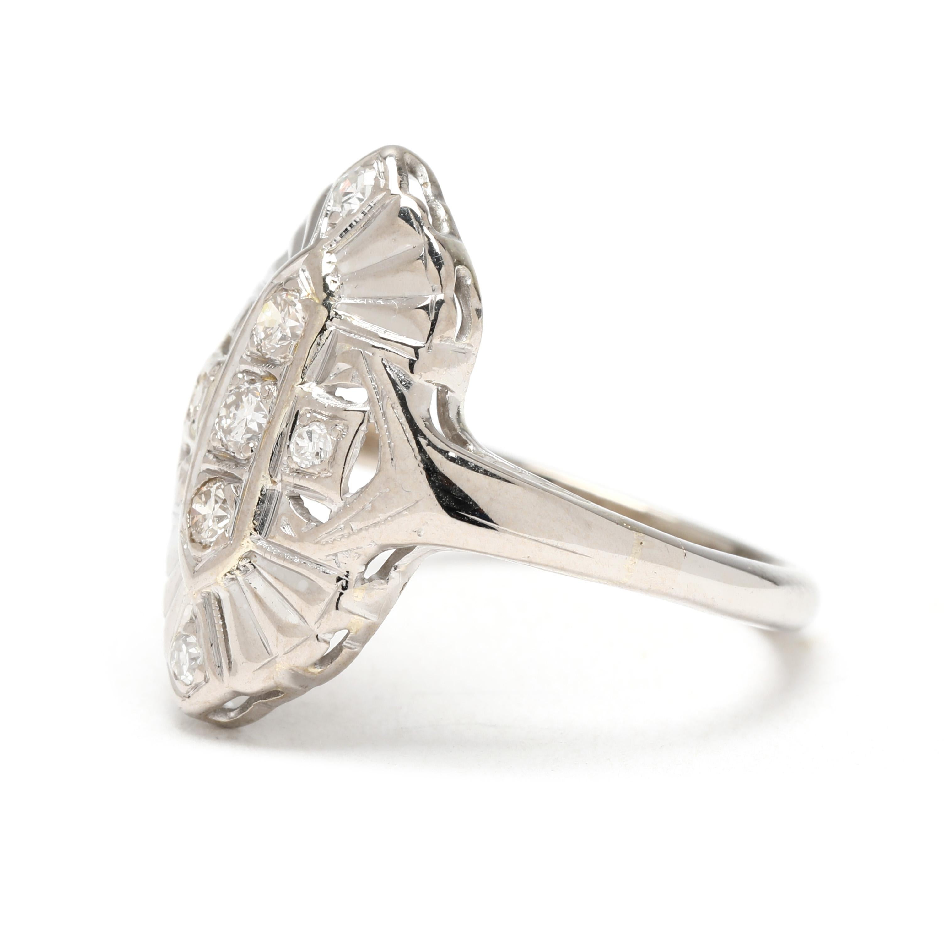 Art Deco .20ctw Diamond Navette Ring, 14k White Gold, Ring Size 6 In Good Condition For Sale In McLeansville, NC