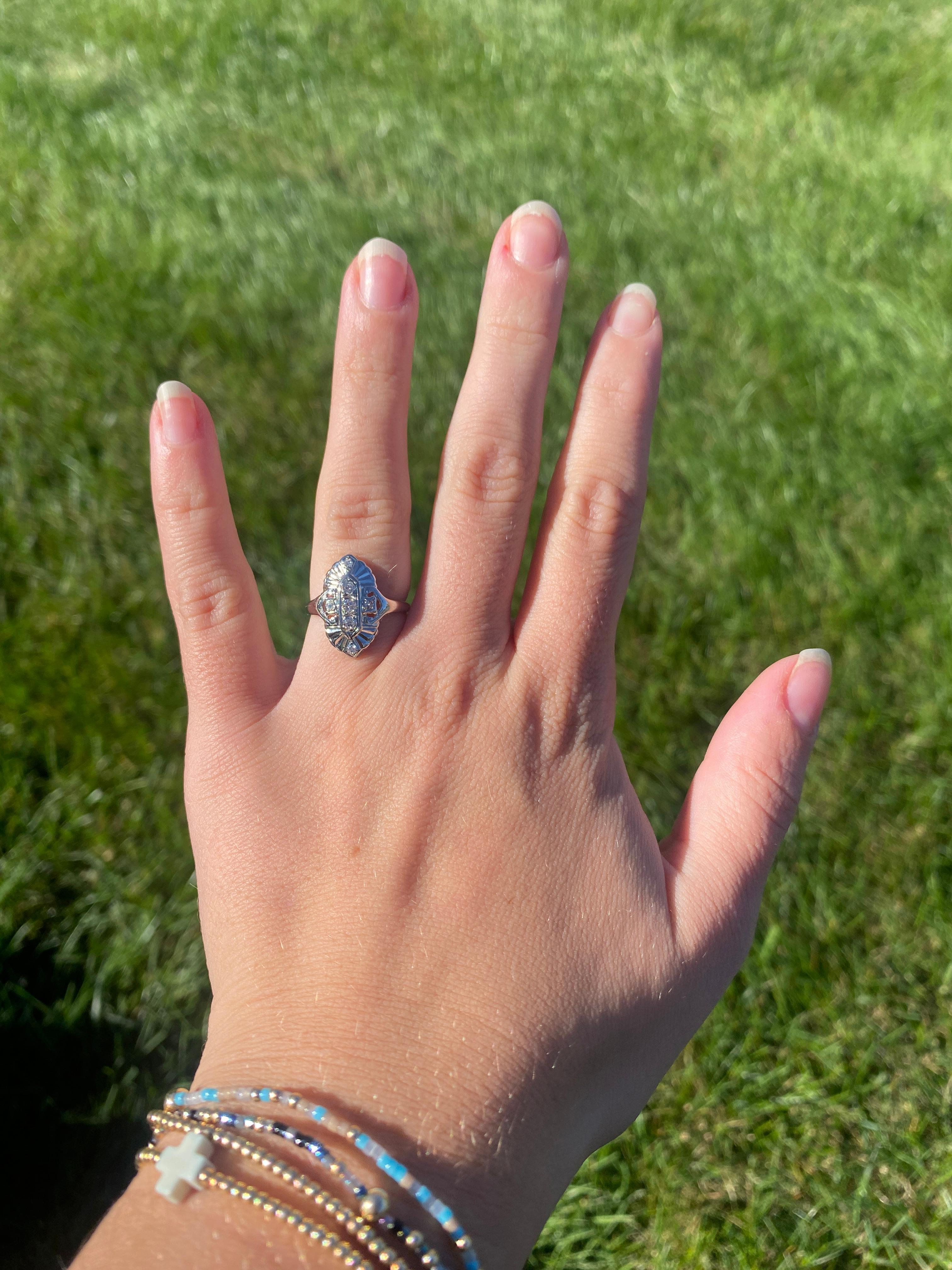 Art Deco .20ctw Diamond Navette Ring, 14k White Gold, Ring Size 6 For Sale 1