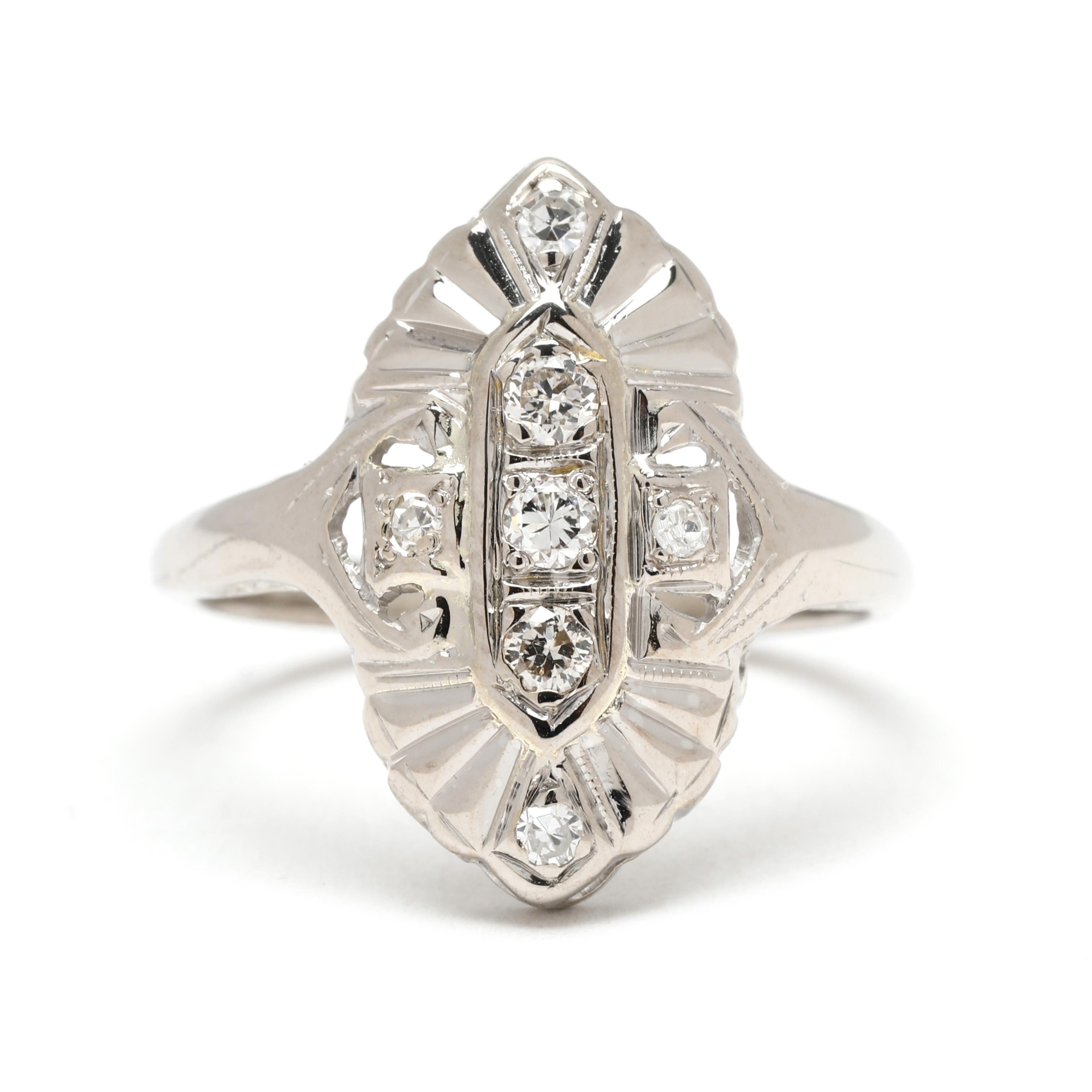 Art Deco .20ctw Diamond Navette Ring, 14k White Gold, Ring Size 6 For Sale
