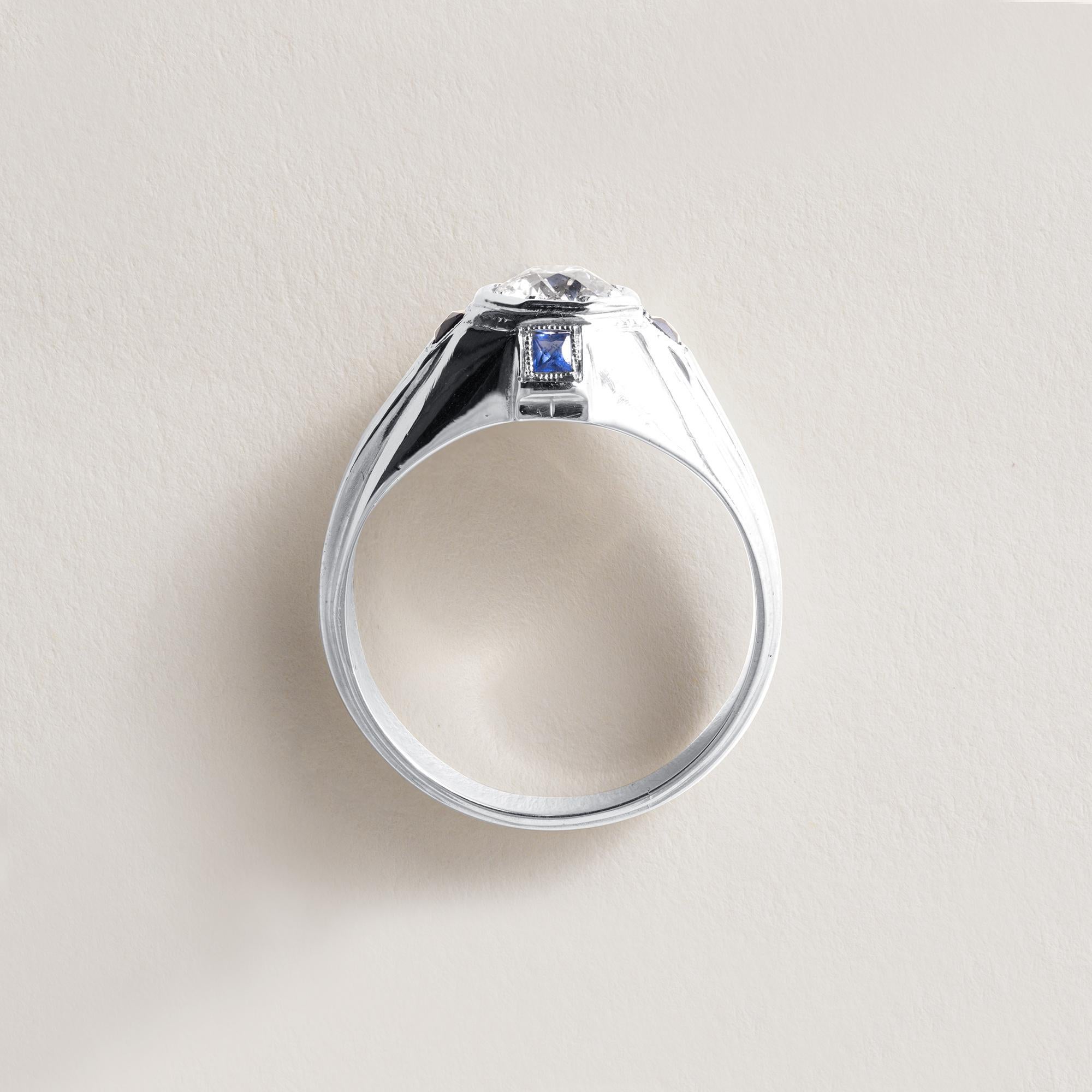 Bague Art déco en or 20K, taille européenne ancienne et saphir, avec diamant Bon état - En vente à Los Angeles, CA