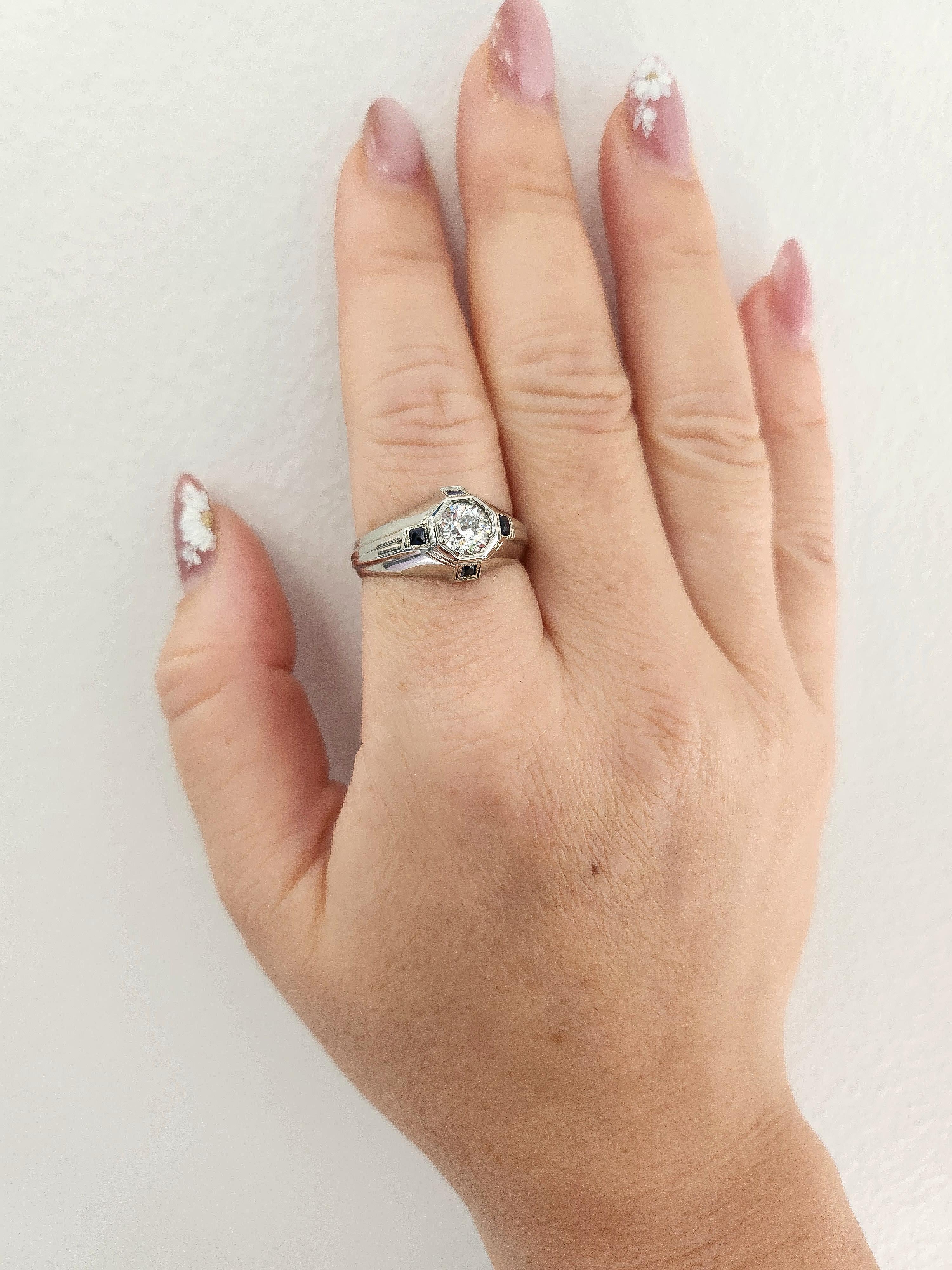 Bague Art déco en or 20K, taille européenne ancienne et saphir, avec diamant en vente 2