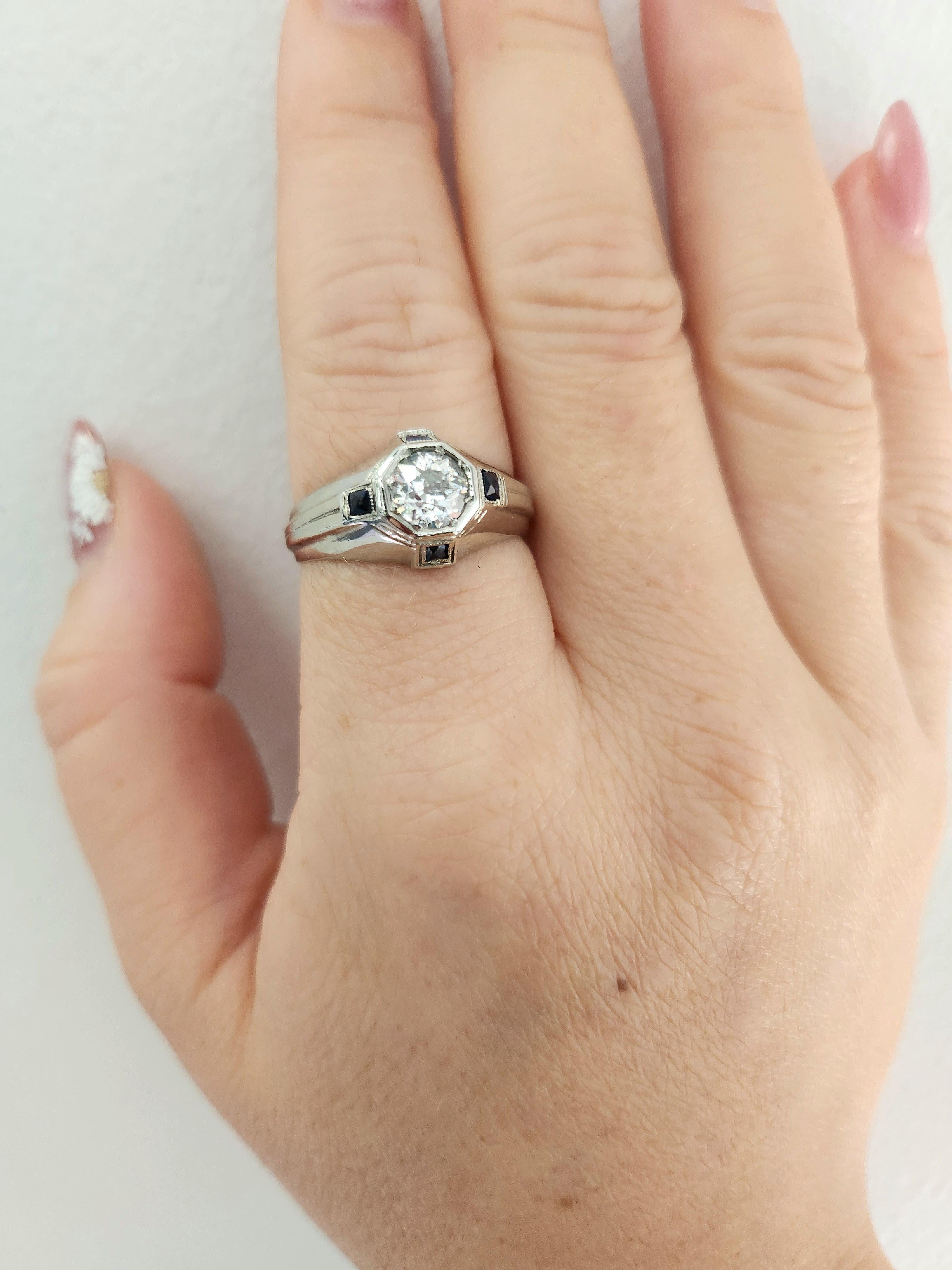Bague Art déco en or 20K, taille européenne ancienne et saphir, avec diamant en vente 3