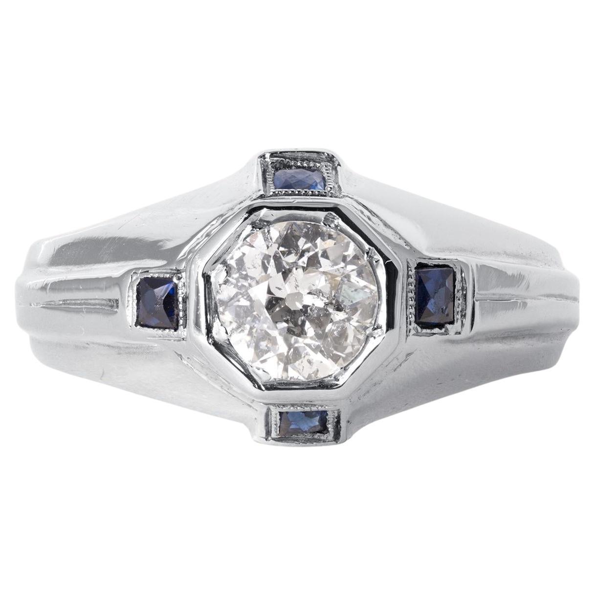 Bague Art déco en or 20K, taille européenne ancienne et saphir, avec diamant