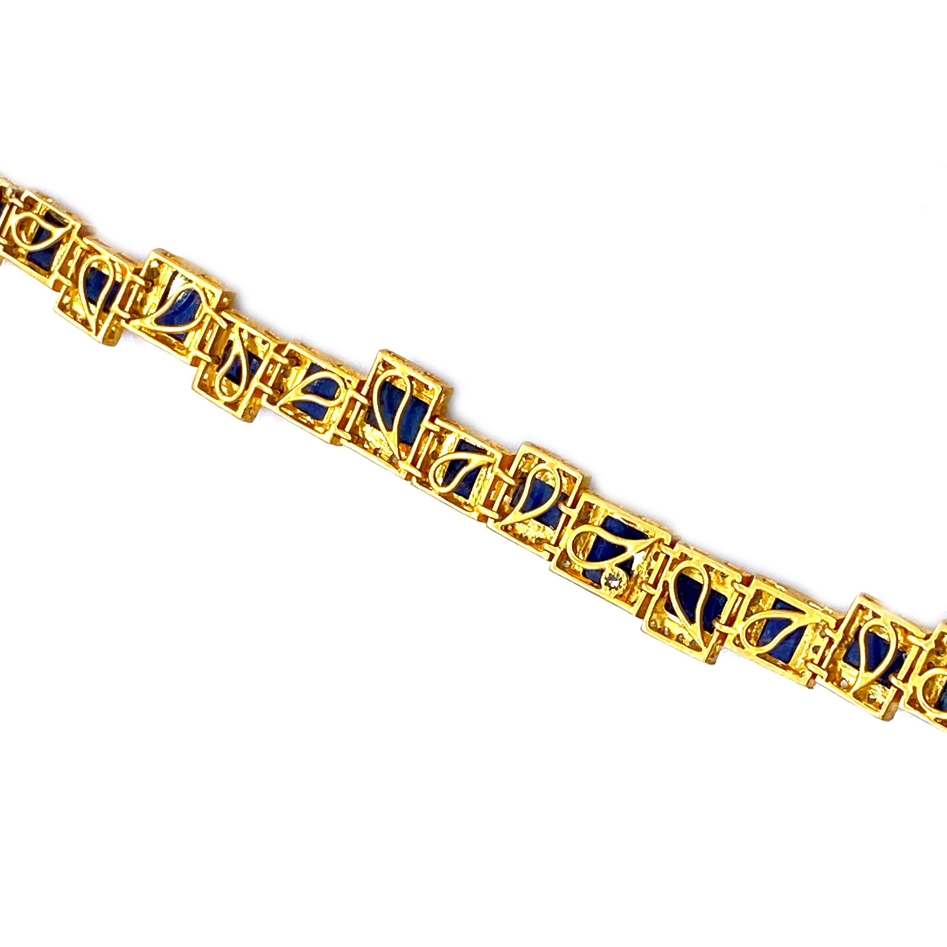 The bold colors and designs by Coomi are unmistakable, featuring Blue Sapphire 19.41cts and Diamonds 1.51cs set in 20K Yellow Gold. Bracelet has been inspired by Mosaic and Art Deco, from Coomi's Affinity collection, which consists of represents a