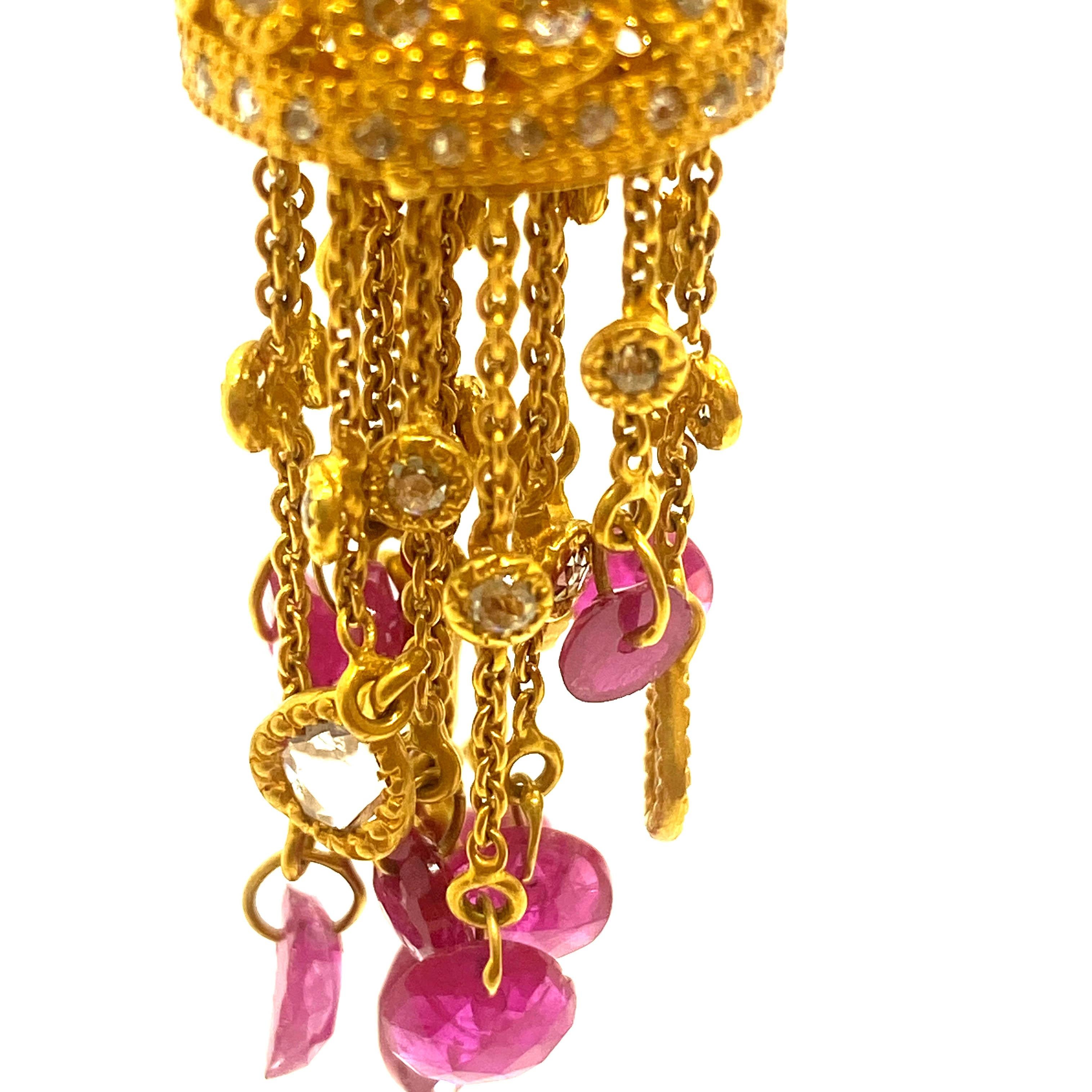 A stunning and unique Chandelier  Earrings are showcasing at 20K Yellow Gold and 9.29cts Ruby, set in an intricately designed and handcrafted, with Diamonds at 4.31cts. Each Coomi piece is determined to be a one of a kind item. These beautiful