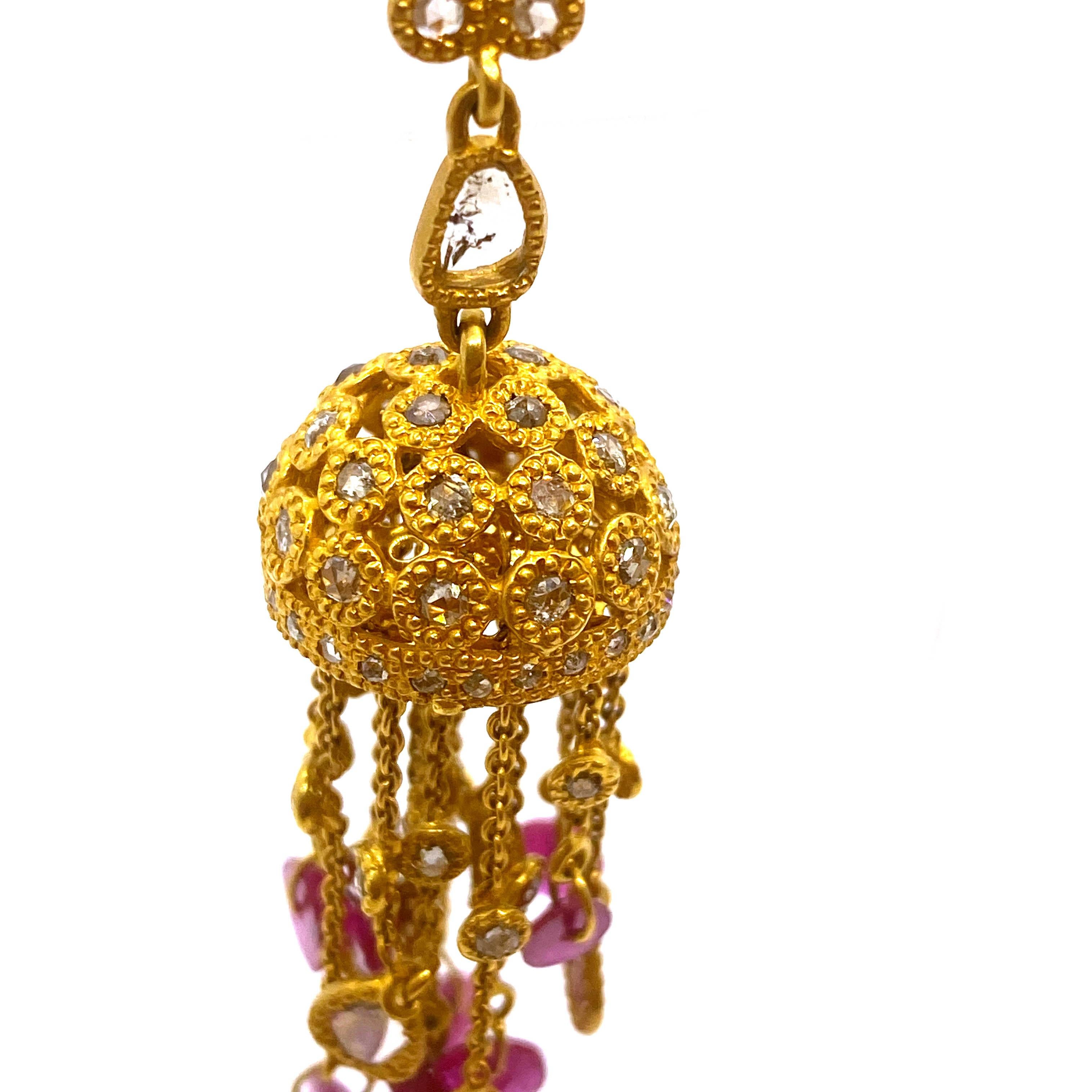 Round Cut Art Deco Style 20 Karat Yellow Gold Ruby Chandelier Coomi Earrings