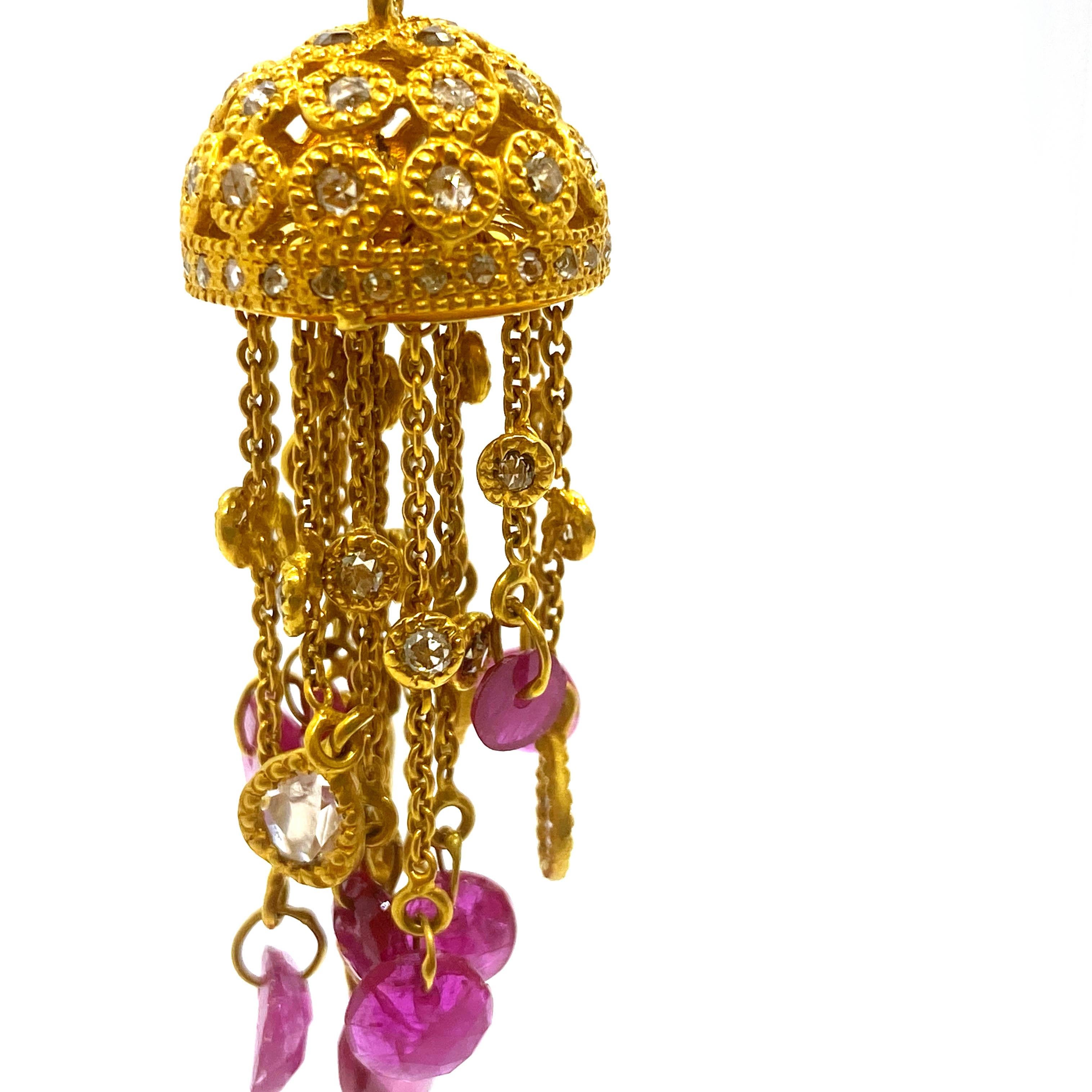 Art Deco Style 20 Karat Yellow Gold Ruby Chandelier Coomi Earrings In New Condition In Secaucus, NJ