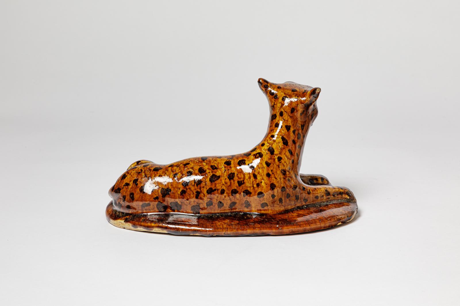 scultura di pantera in ceramica nera e marrone di Kapi La Borne, art deco del XX secolo In condizioni ottime in vendita a Neuilly-en- sancerre, FR
