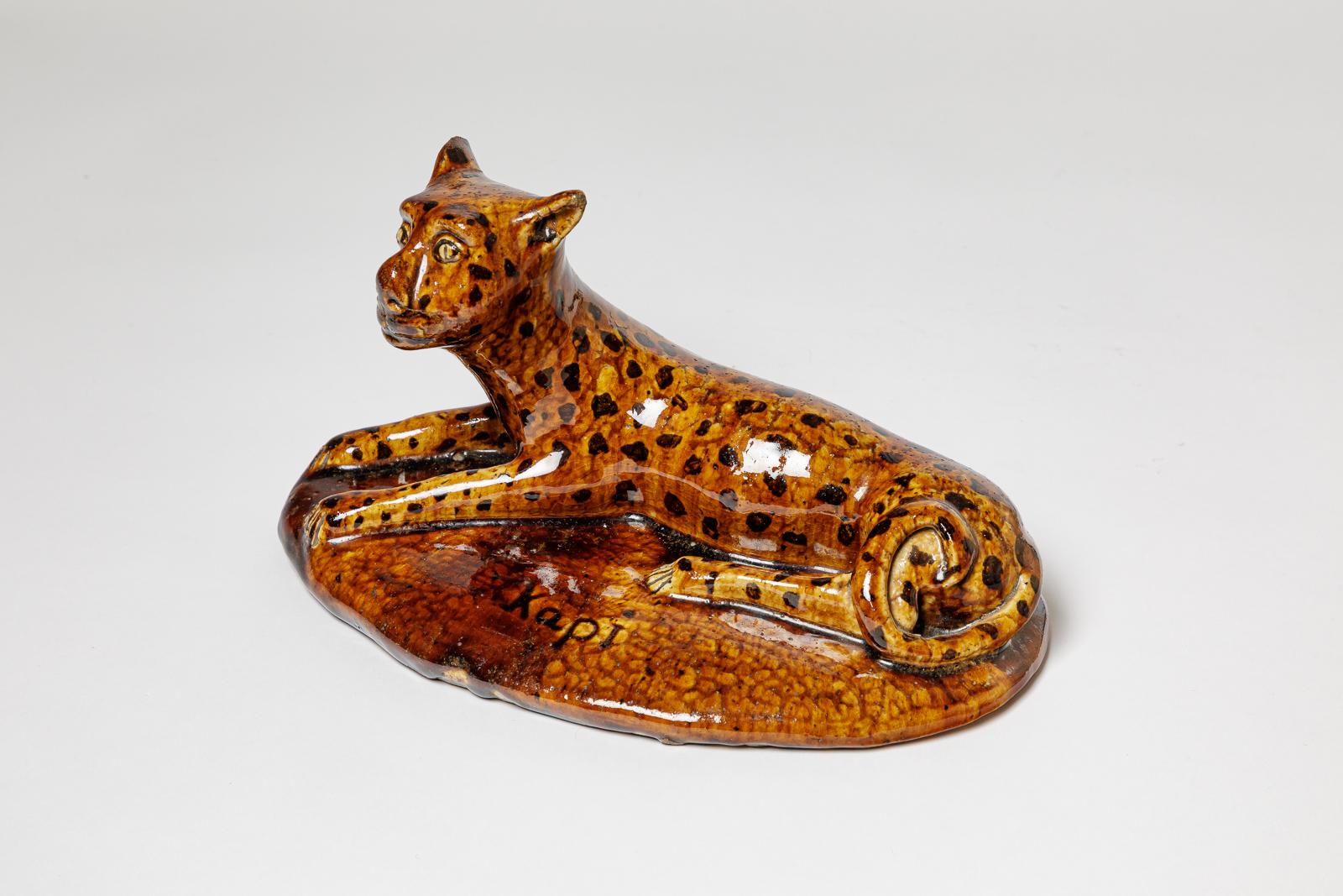 Ceramica scultura di pantera in ceramica nera e marrone di Kapi La Borne, art deco del XX secolo in vendita