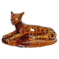 art deco 20th century black and brown ceramic panther sculpture by Kapi La Borne