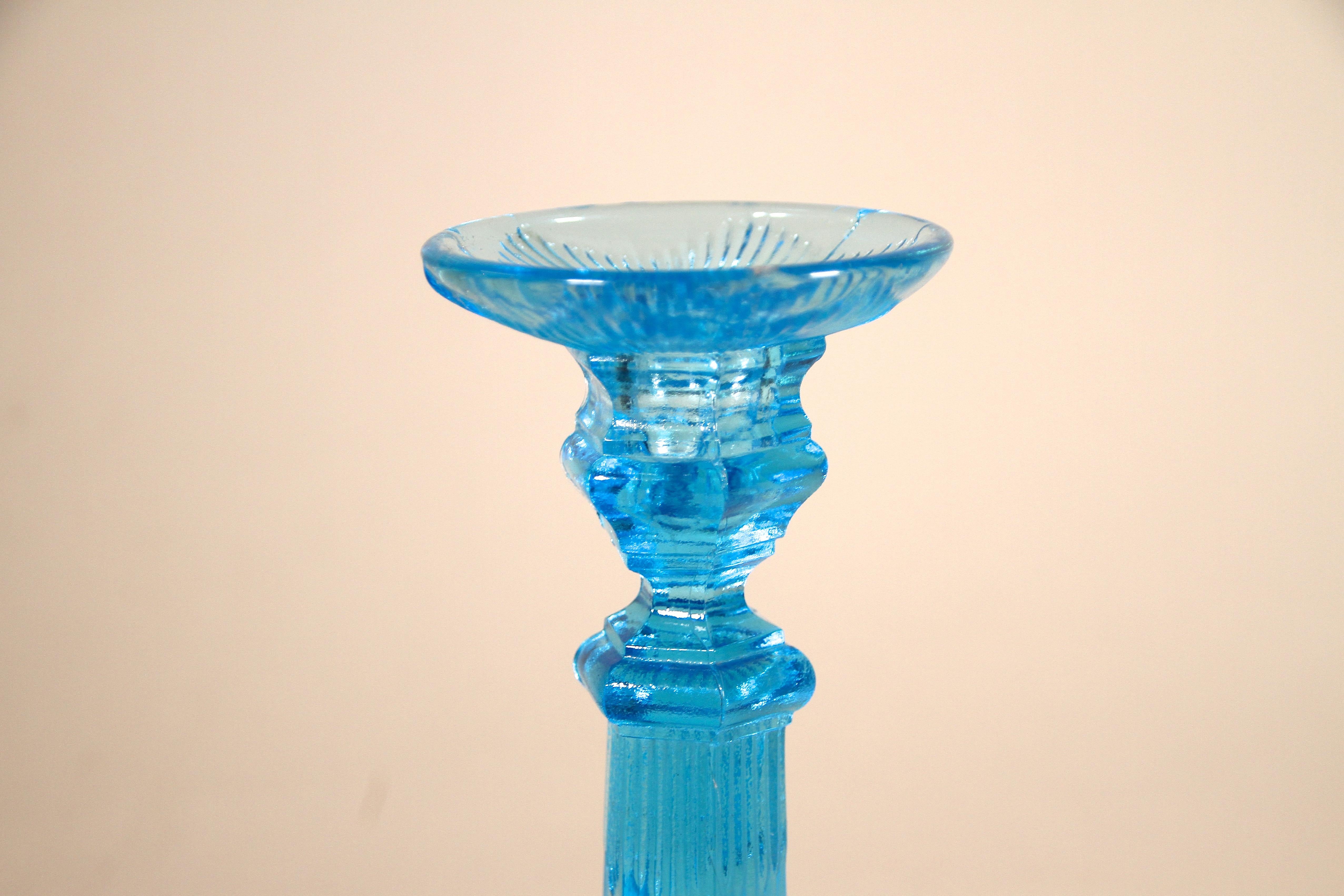 blue glass candlesticks