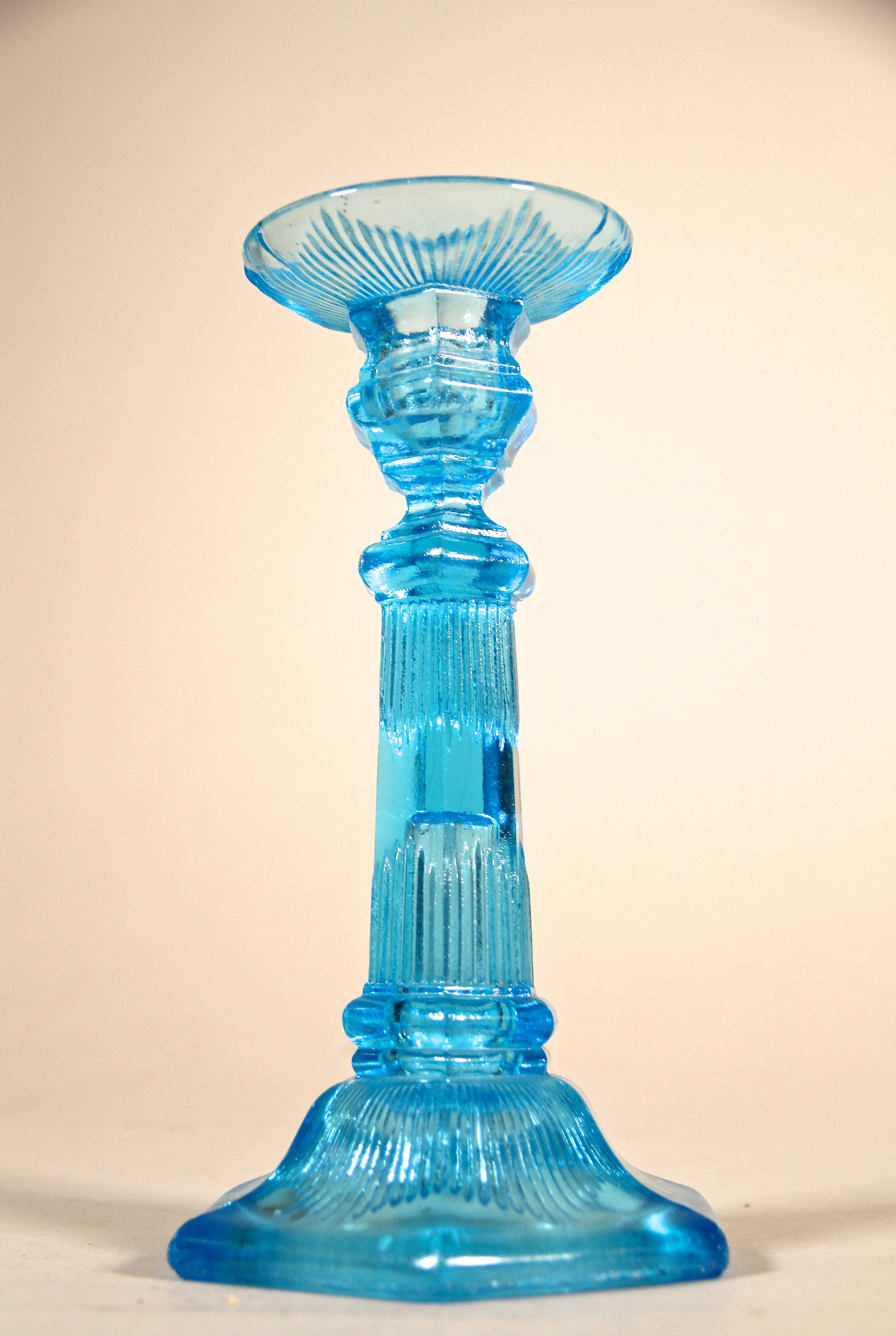 Pressed Art Deco 20th Century Blue Glass Candlestick, Austria circa 1920