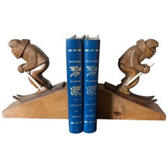 Vintage Art Deco 20th century French Wooden Skiing Bookends, 1930s