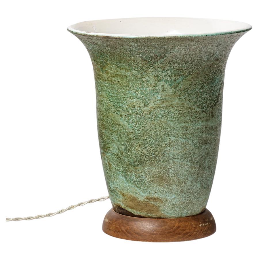Art deco 20th century green ceramic table lamp style jean besnard 1930 keramos For Sale