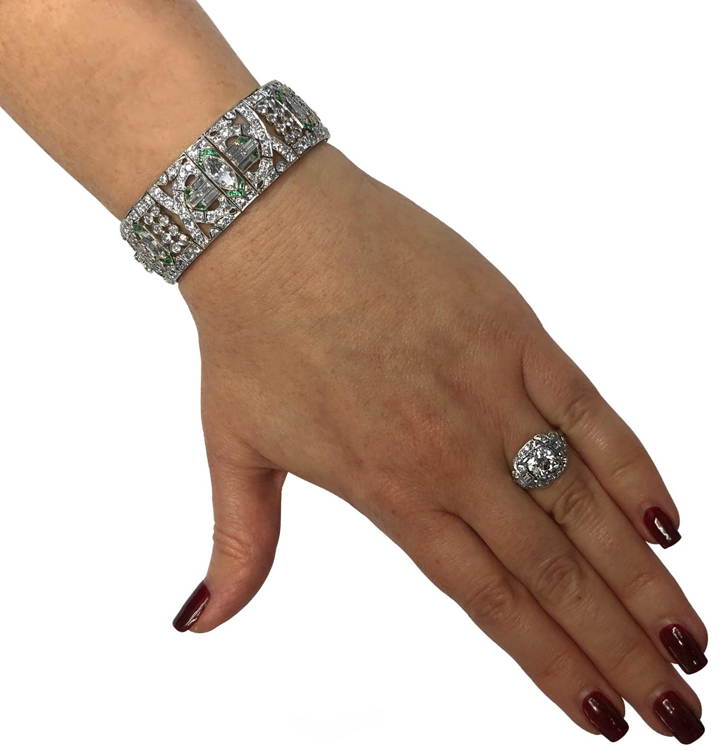 Old European Cut Art Deco 21 Carat Diamond and Emerald Bracelet