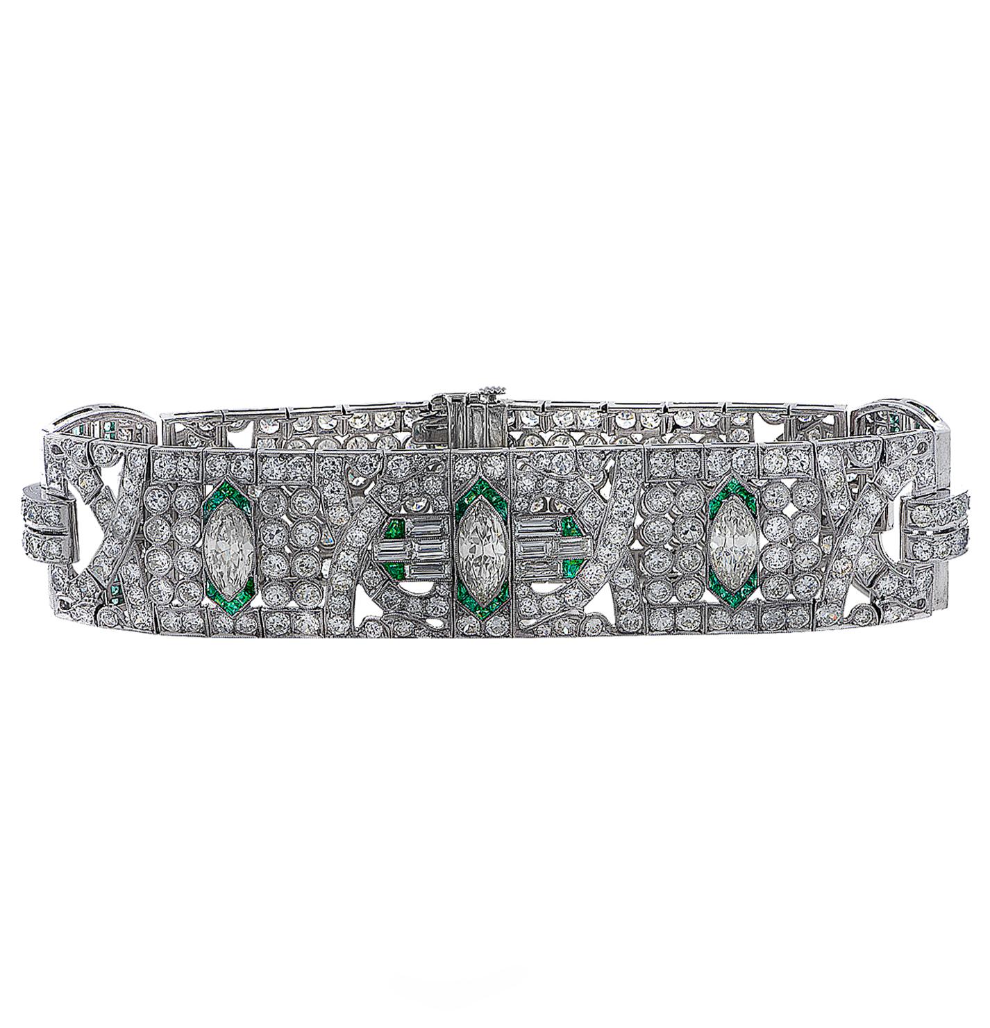 Women's Art Deco 21 Carat Diamond and Emerald Bracelet