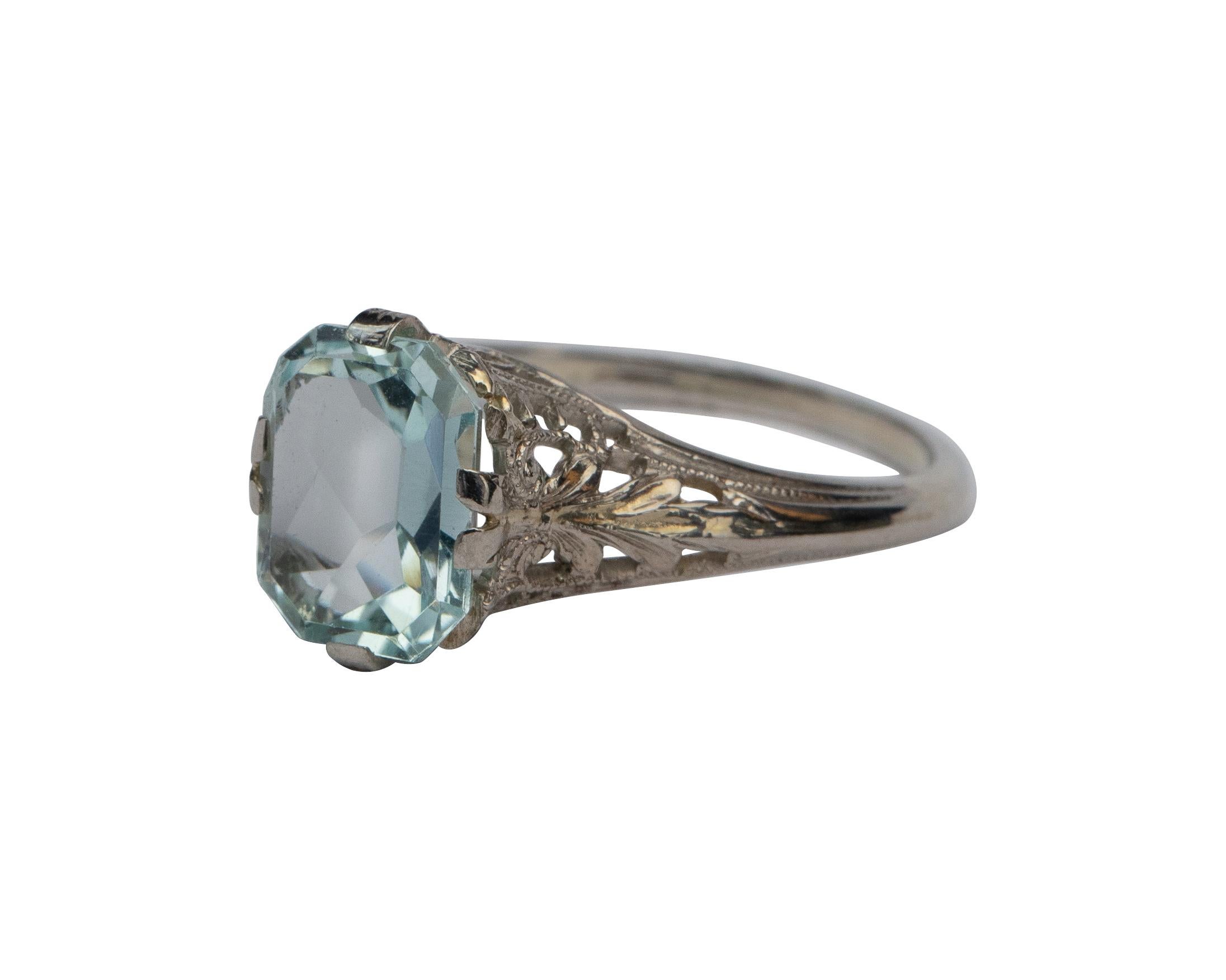 Radiant Cut Art Deco 2.1 Carat Pastel Blue Aquamarine in 14 Karat White Gold Filigree Ring