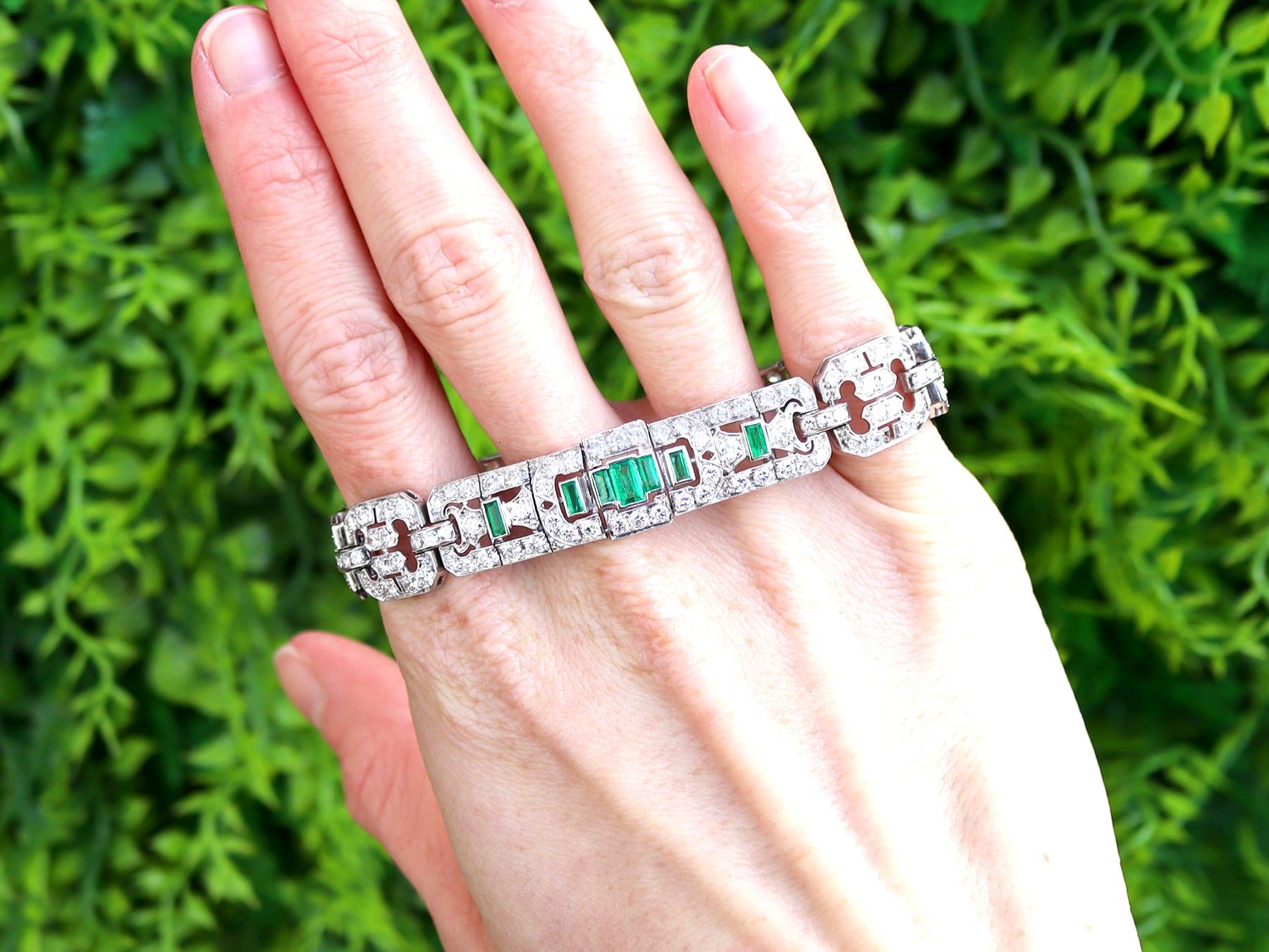 A stunning, fine and impressive antique Art Deco 2.10 carat emerald, 8.50 carat diamond and platinum bracelet; part of our diverse antique Art Deco jewelry collections.

This stunning, fine and impressive Art Deco bracelet has been crafted in