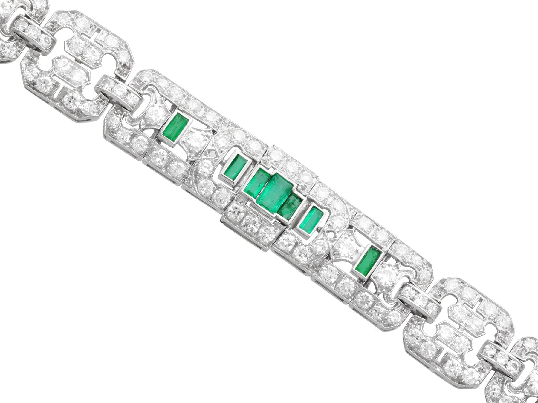 Baguette Cut Art Deco 2.10 Carat Emerald, 8.50 Carat Diamond and Platinum Bracelet For Sale