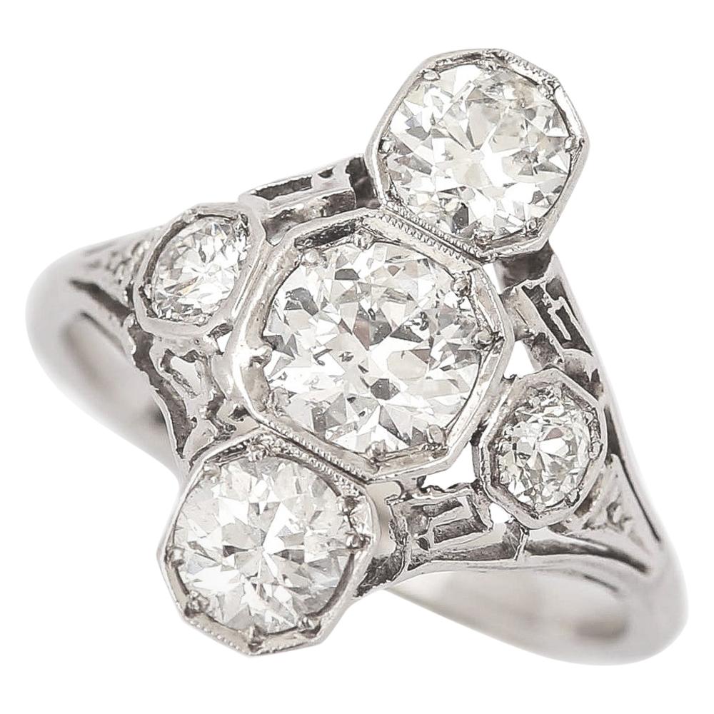 Art Deco 2.10 Carat OEC Diamond and Platinum Three-Stone Ring, circa 1925