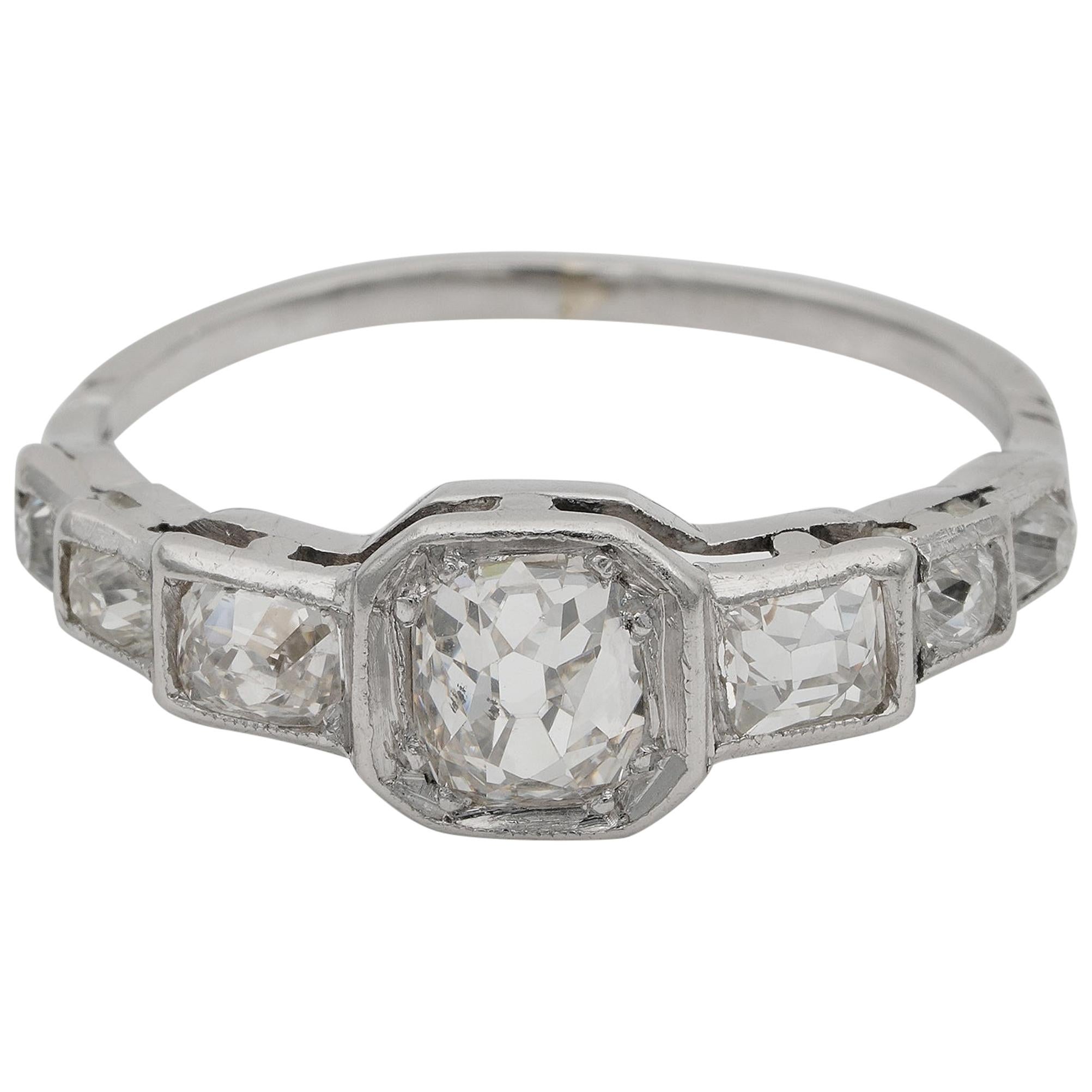 Art Deco 2.10 Carat Old Mine Diamond Seven-Stone Platinum Ring For Sale