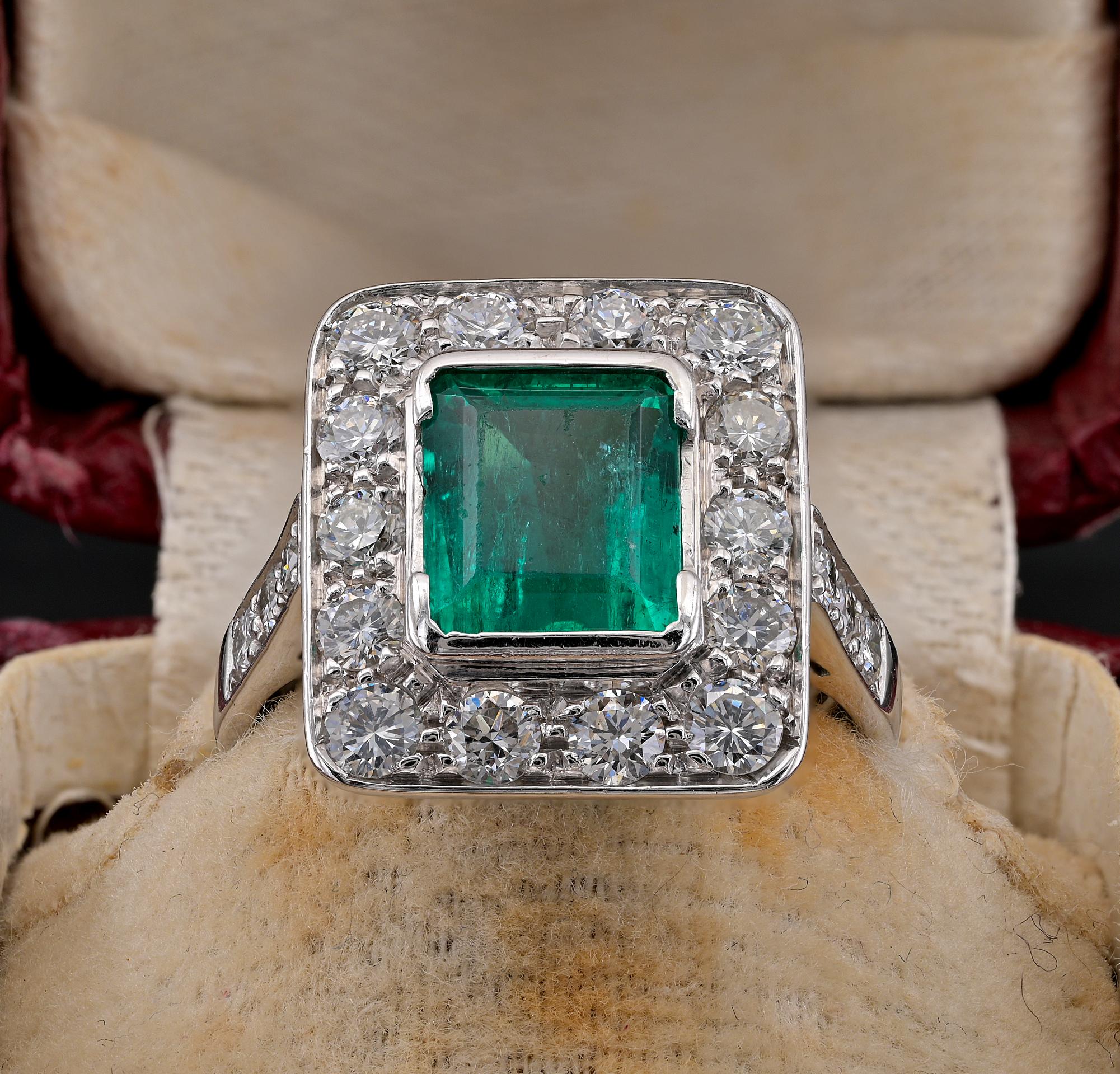 This breathtaking Art Deco Emerald and Diamond ring is 1930 Ca
Hand crafted of solid 18 KT gold in a classy design, skilfully hand made in a charming design
The wide crown takes shape form its inner Emerald surrounded by a rich Diamond frame
Emerald