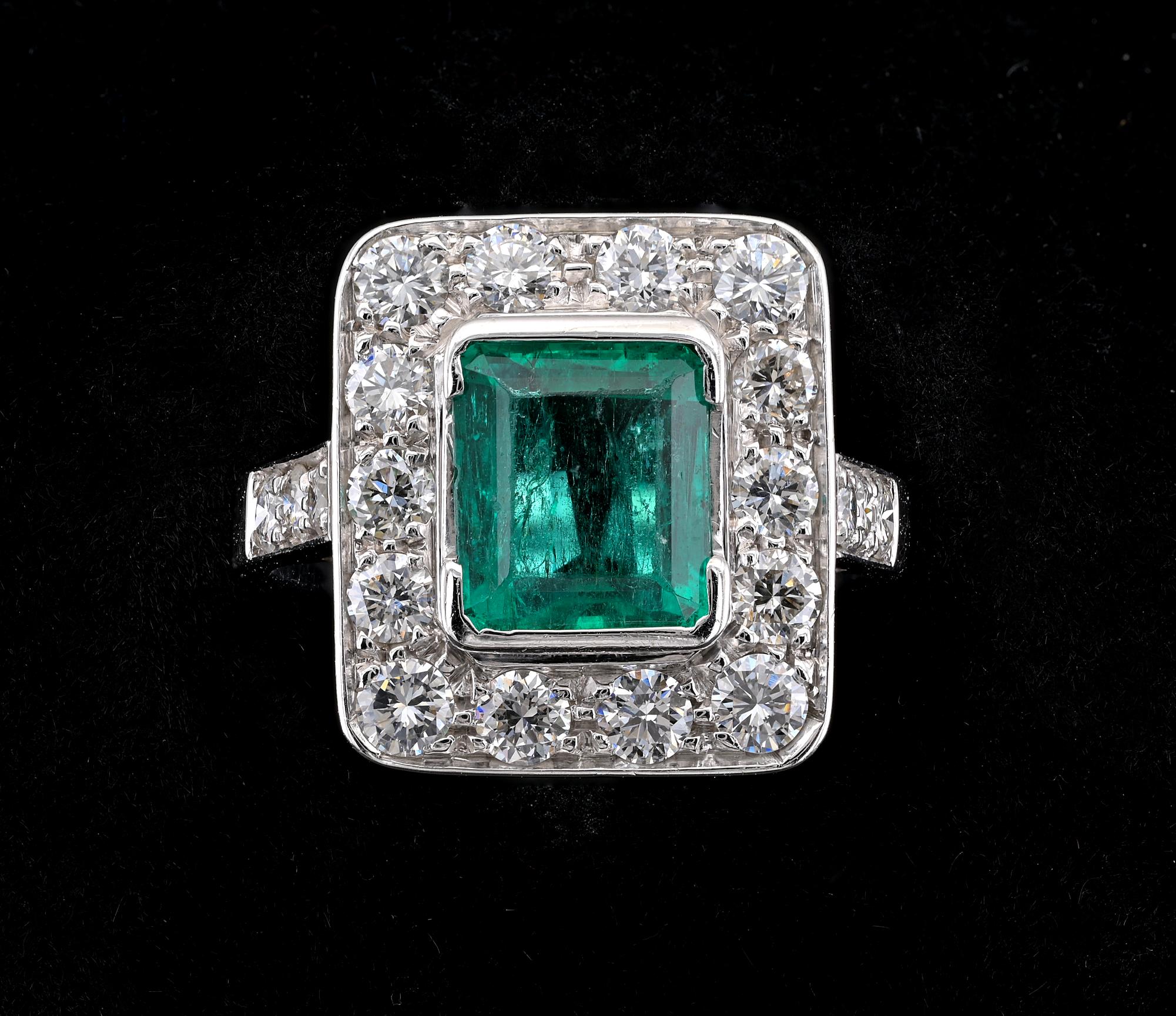 Emerald Cut Art Deco 2.10 Ct Colombian Emerald 1.80 Ct Diamond 18 KT Ring For Sale