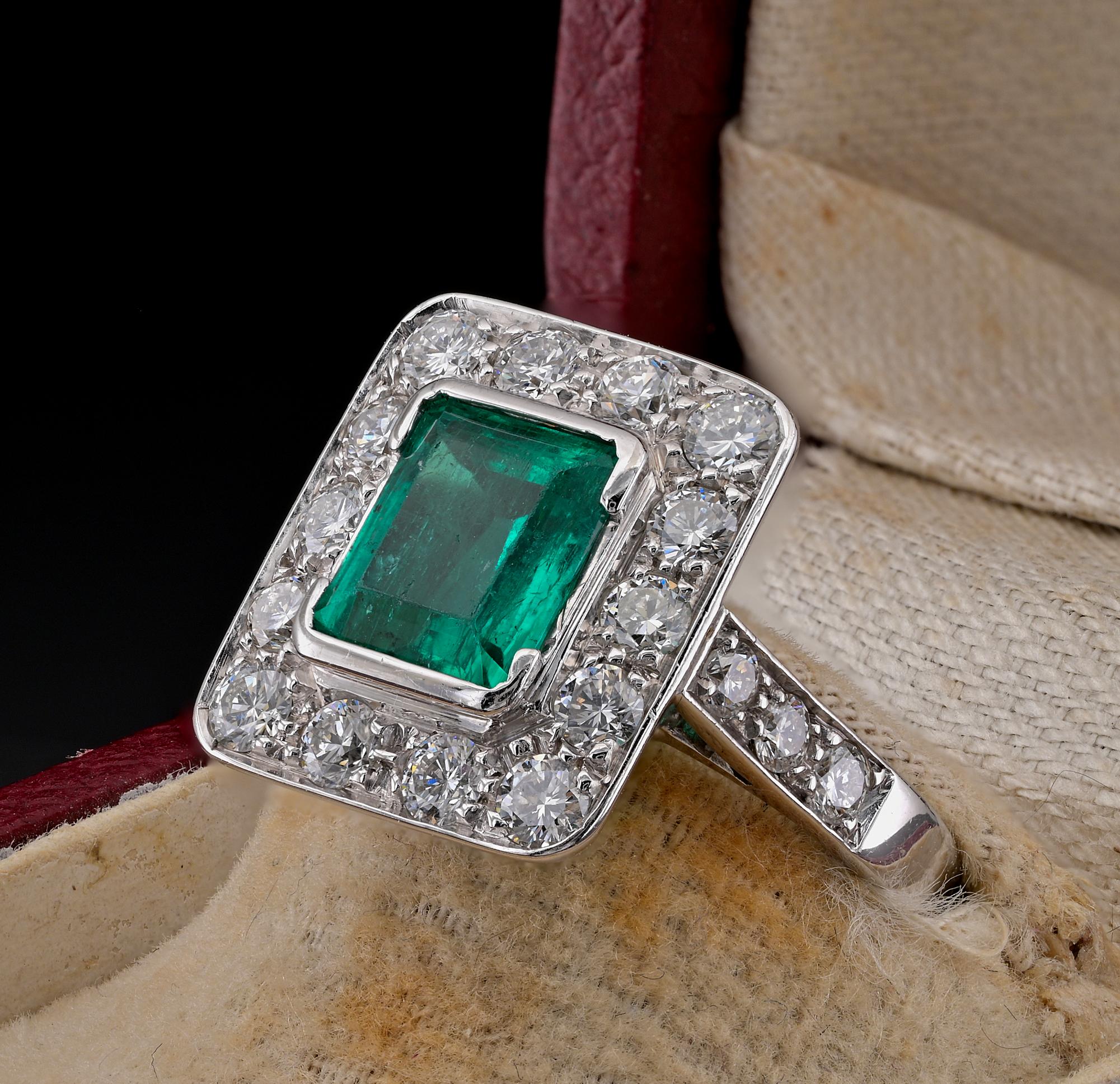 Art Deco 2.10 Ct Colombian Emerald 1.80 Ct Diamond 18 KT Ring For Sale 1