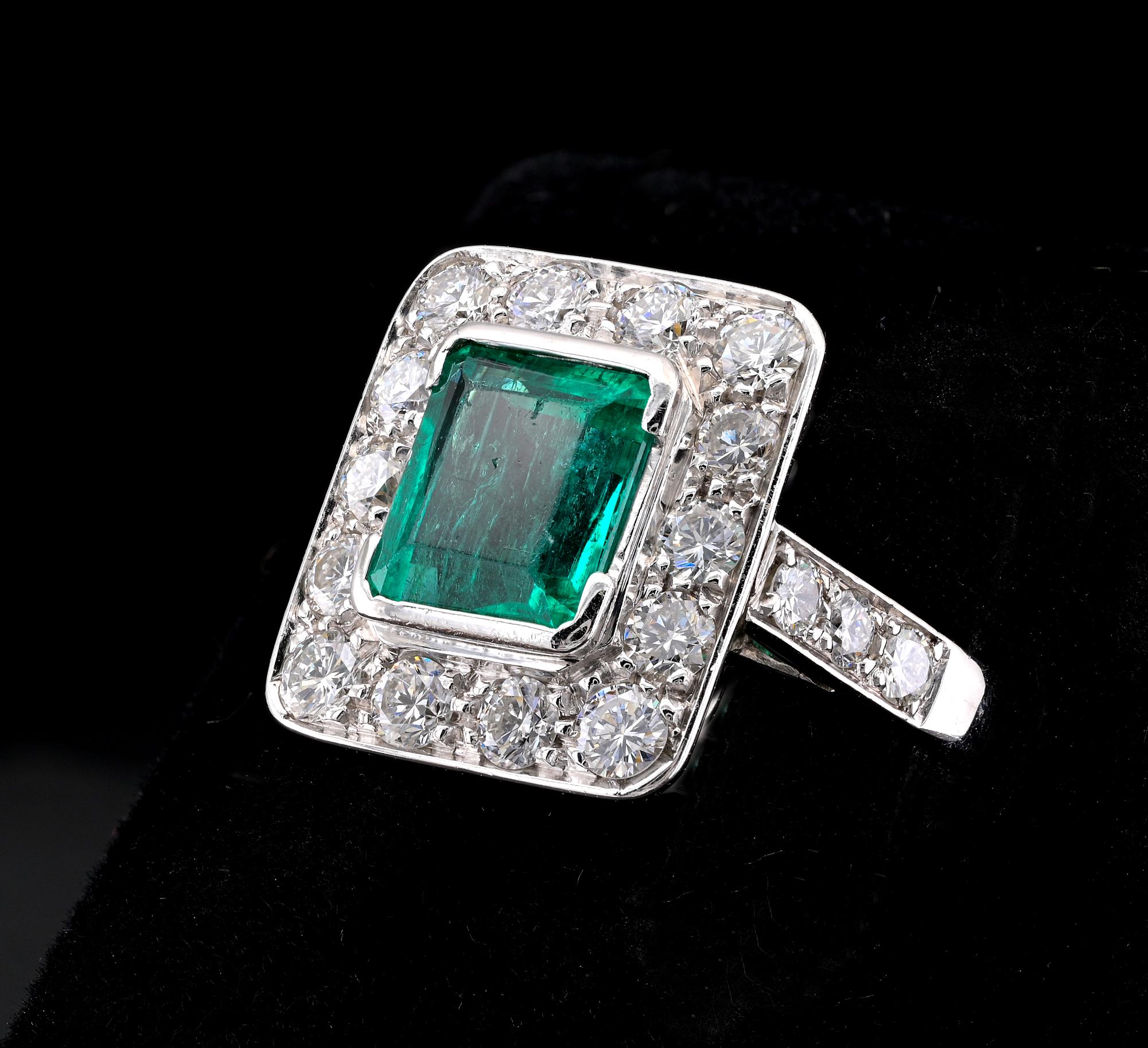 Art Deco 2.10 Ct Colombian Emerald 1.80 Ct Diamond 18 KT Ring For Sale 2